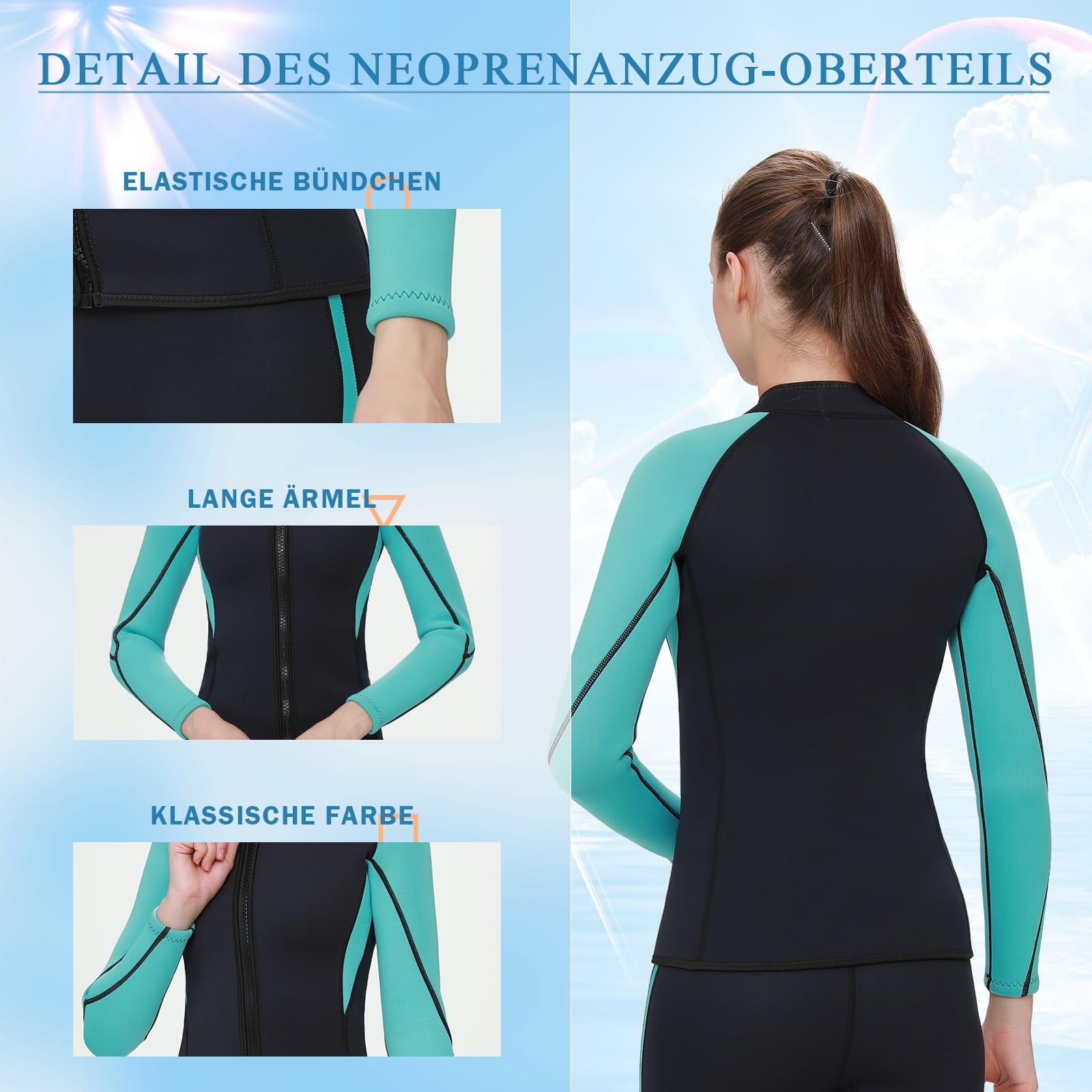 FLEXEL Neoprenanzug Top für Herren Damen, 3mm Neoprenanzug Jacke Thermal, Front Reißverschluss Neopren Langarm Tauchanzug zum Surfen Schwimmen Schnorcheln