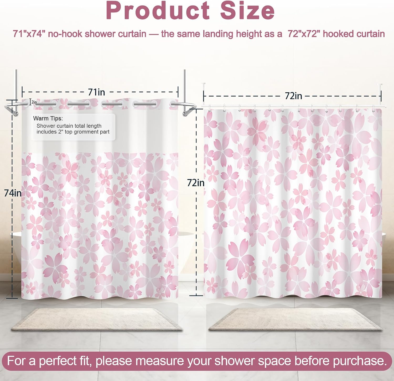Cherry Blossom Pink Shower Curtain with See Through Window, No Hook Cute Shower Curtain with Weighted Snap On Liner, Double-Layer Waterproof Farmhouse Shower Curtains for Bathroom, 71"W x 74"L