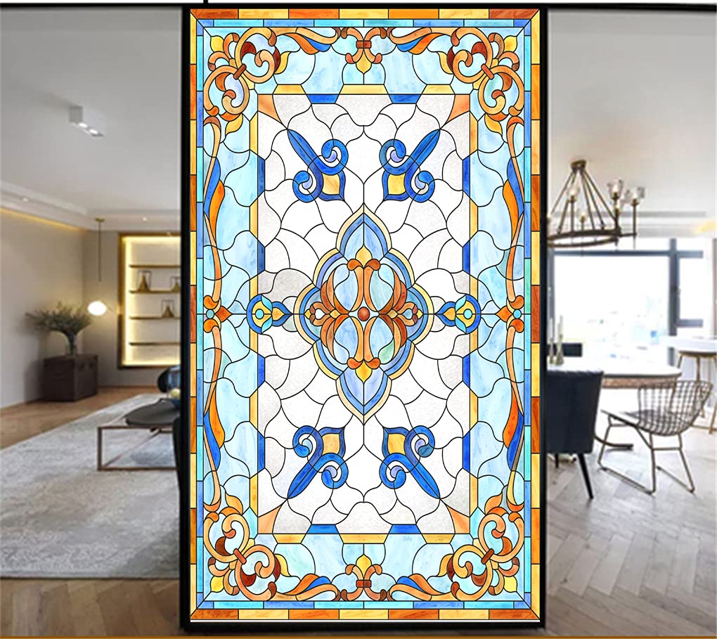 Privacy Windows Film European Church Style Stained Glass No Glue Static Cling Decorative Frosted Window Stickers 31.49''x70.8''(80x180cm)