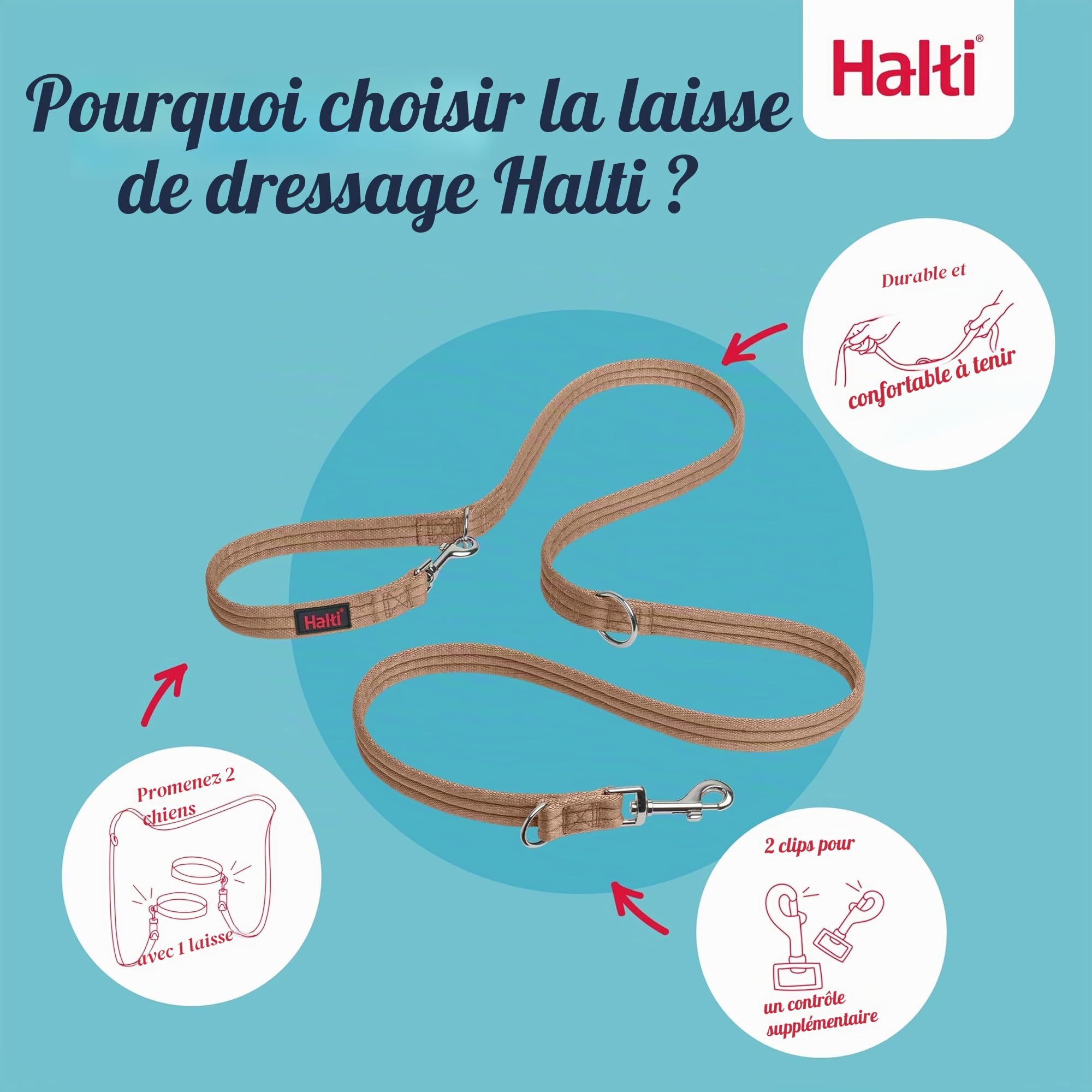 Laisse éducative HALTI - 7 Fonctions Conçues pour Vous Aider a Éduquer et Promener Votre Chien, Laisse de Dressage de Chien à Double Extrémité pour Chiens et Chiots (Taille L, Sable du Désert, 2m)