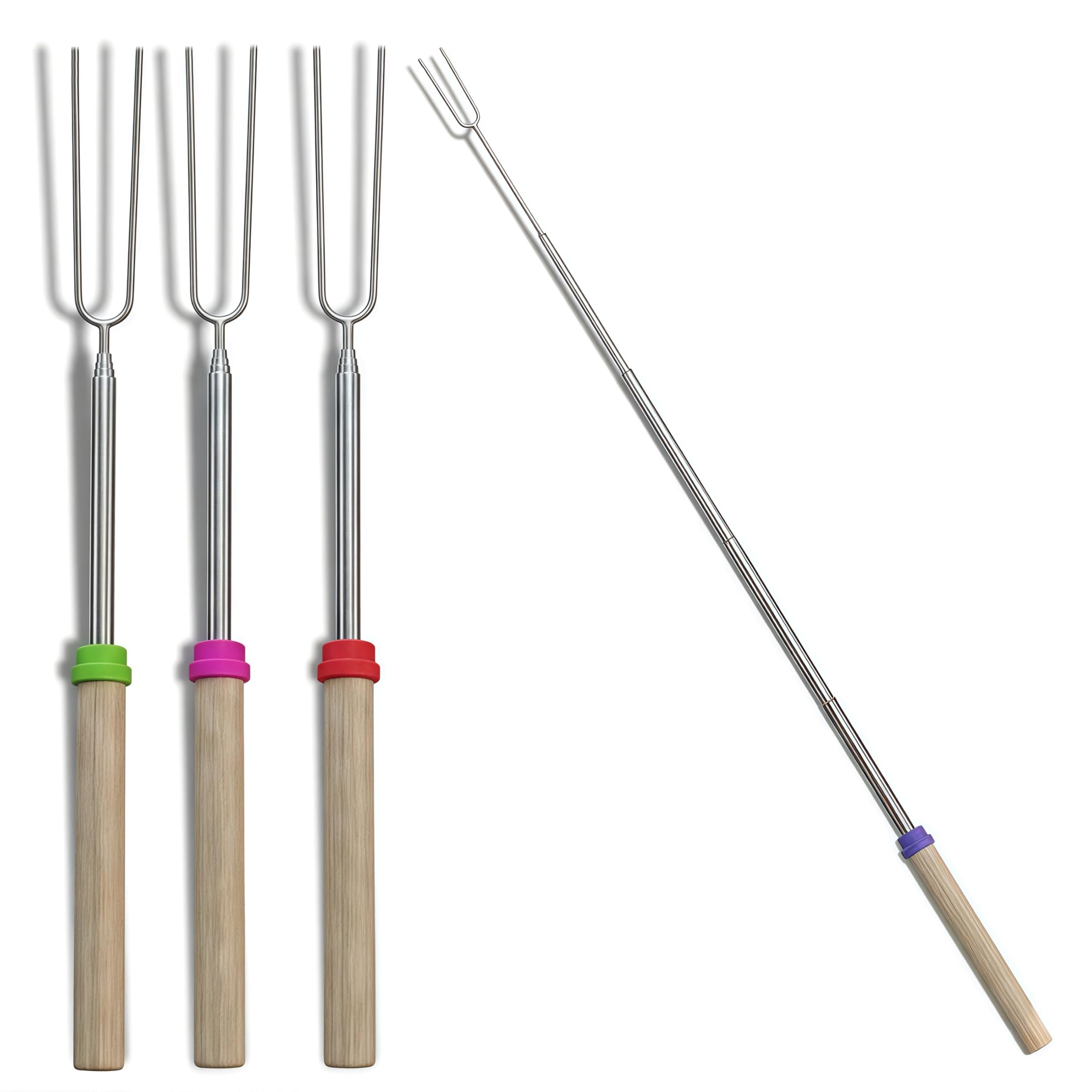 4 Pack Marshmallow Toasting Forks, Extendable Stainless Steel & Wooden Handle - Retractable Smores Sticks for Garden Bonfire, Camping & BBQ, Hot Dog Roasting Sticks Kit