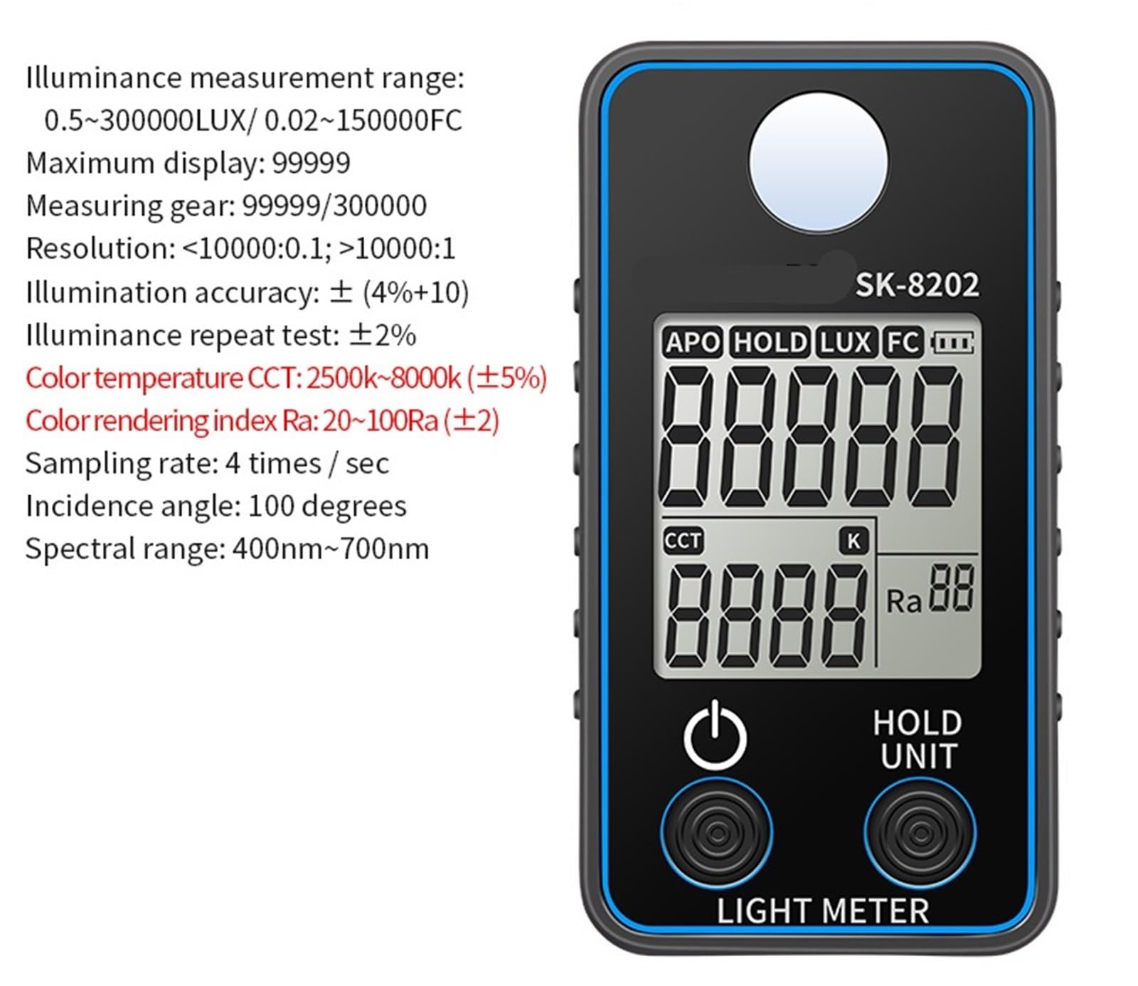 Misuratore di luce digitale, Luxmetro Digitale, Misuratore Di Luce, FC, Illuminamento, Luminosità Da 0,5 A 300.000 Lux, Fotometro Luxometro per piante da giardino e da interno, fotografia(8202)