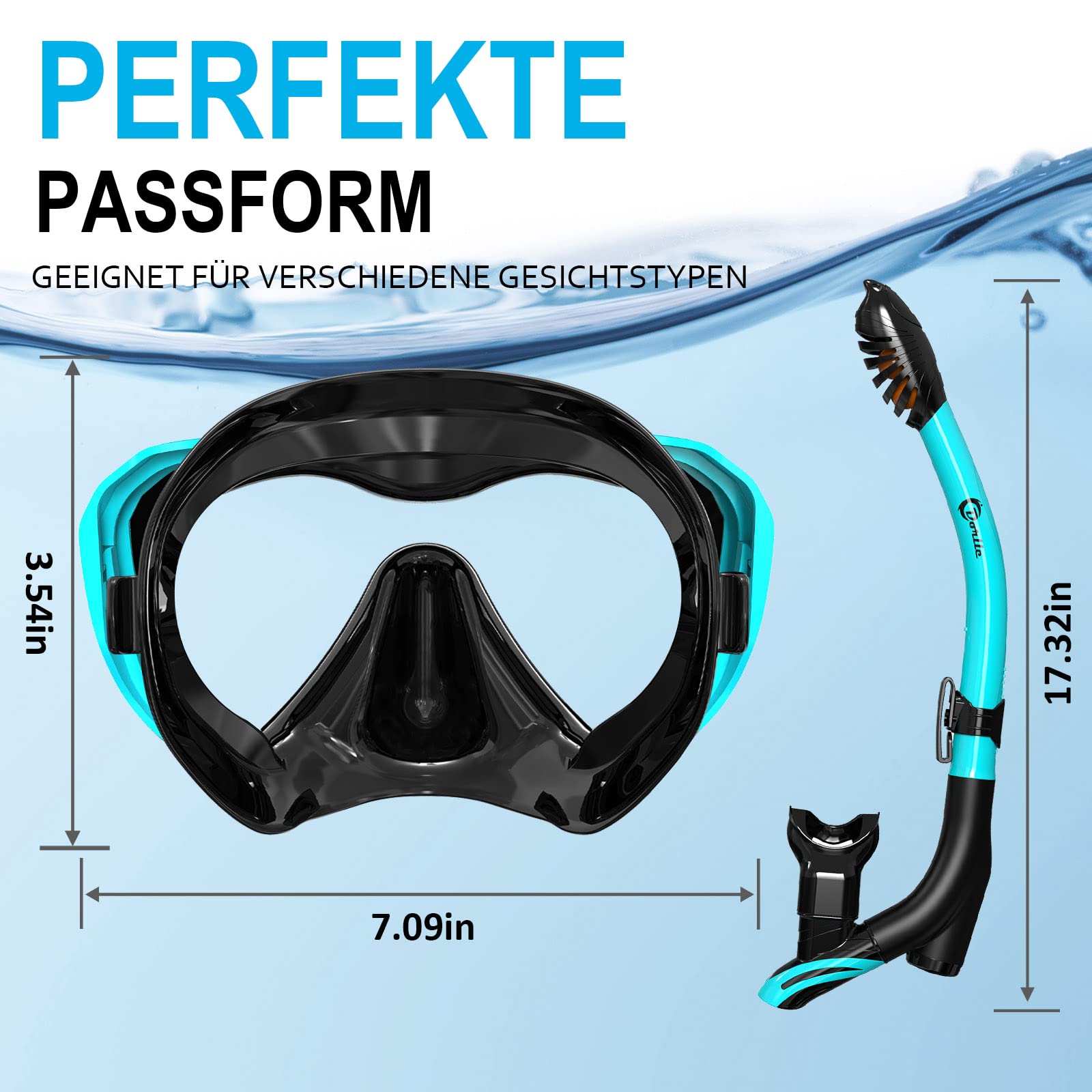 Dorlle Schnorchelset, Neu Verbesserte Panorama Schnorchelmaske, wasserdichte Tauchmaske Anti-Fog Anti-Leck aus Gehärtetem Glas, mit 3-Kanal Premium Dry Schnorchel für Erwachsene