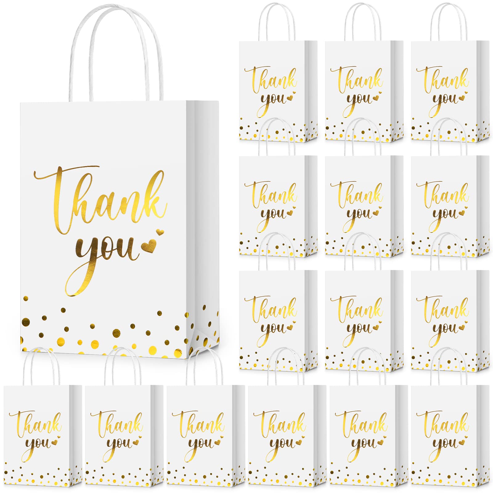 PerKoop 60 Pcs Thank You Gift Bags Bulk Paper Gold Thank You Wedding Bags with Handle for Business, Shopping, Wedding, Baby Shower, Party Favors (