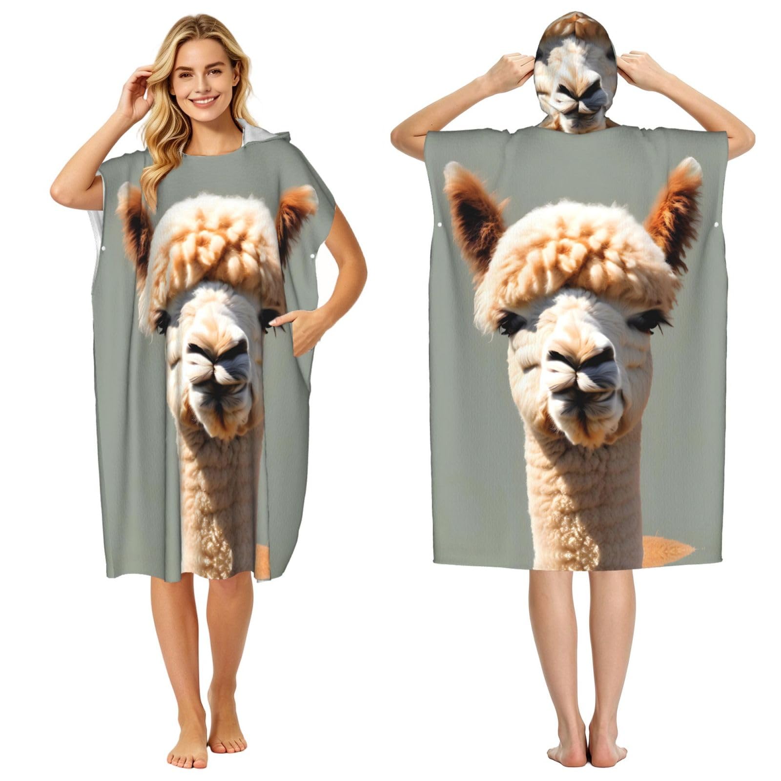 Zaixiansj 110cm Alpaca avatar Print Adult Changing Robe Hooded Towel Poncho Surf Swim Beach Cover Up with Pockets