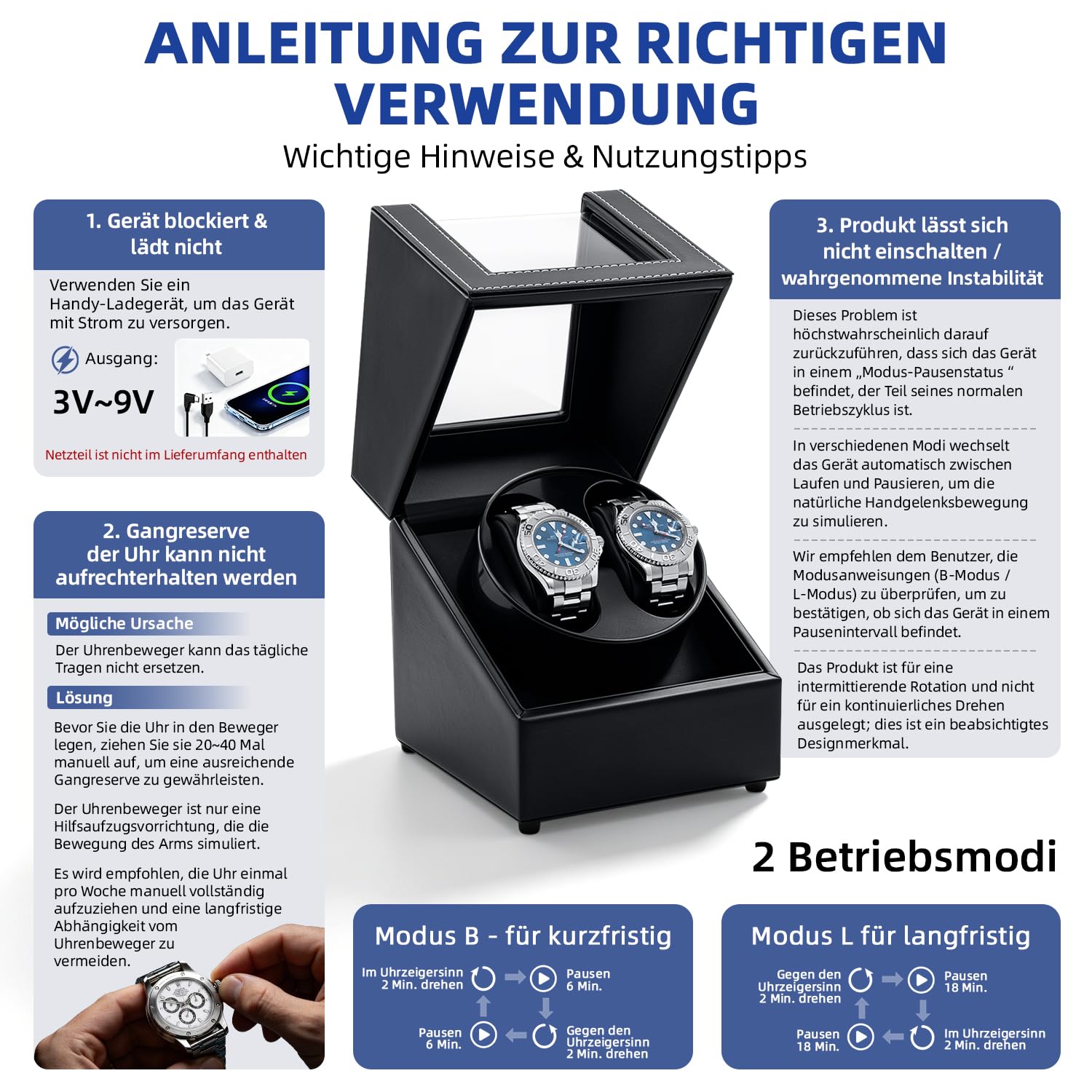 Mcbazel Uhrenbeweger 2 Uhren, Watch Winder für Herren und Damen USB-C Aufladung Uhrenbeweger Automatik TPD 970-2430 Zwei Wickelschwingmodi für Automatikuhren PU Leder - Schwarz