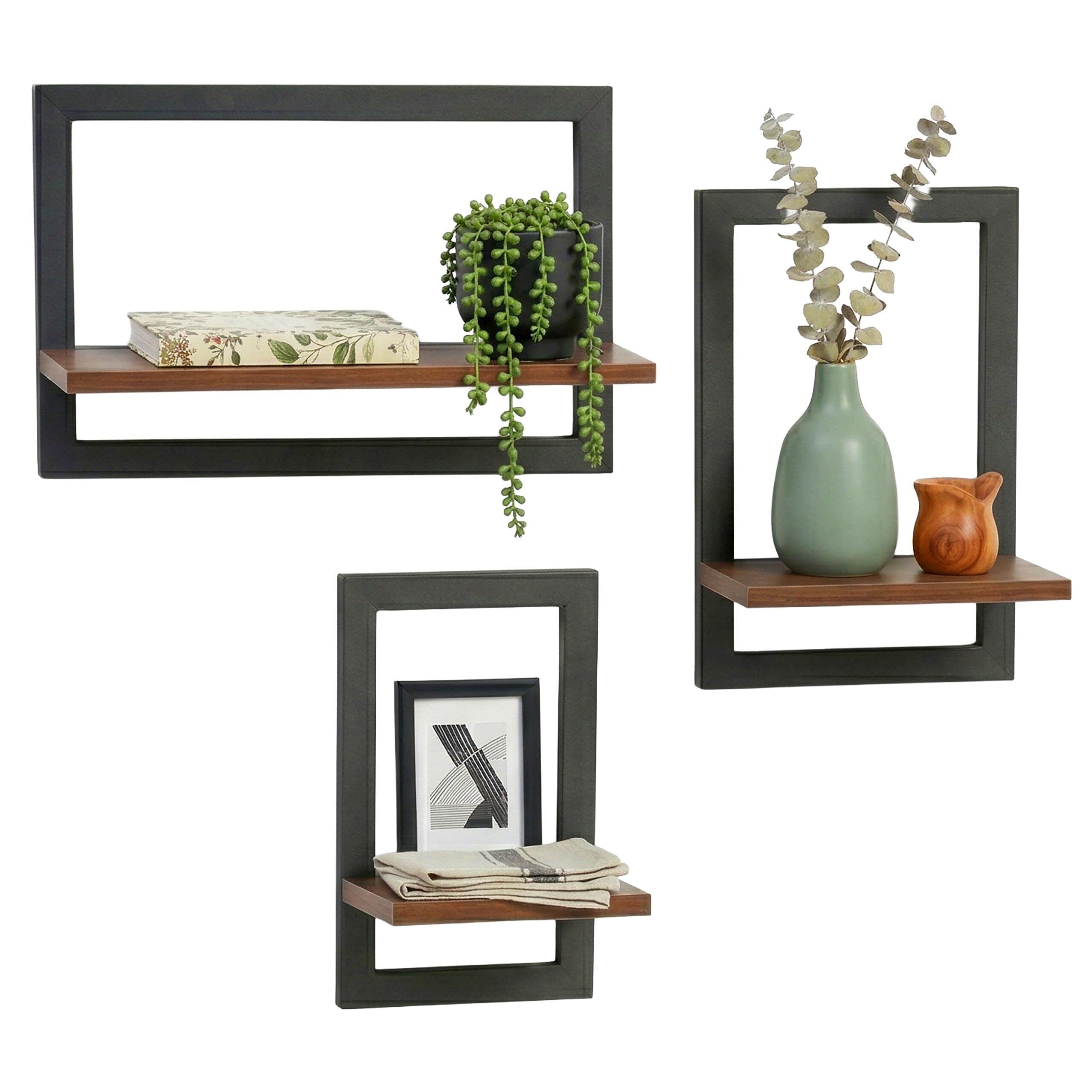 Relaxdays Étagère Murale, Lot de 3, métal et MDF, 3 Tailles, Marron/Noir