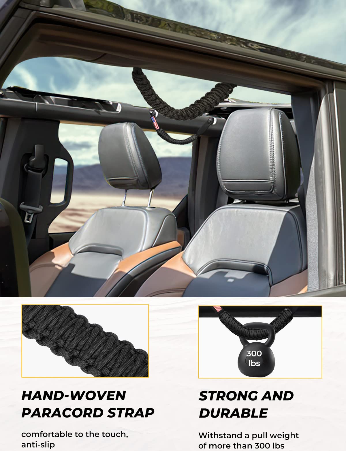 Moveland Paracord Grab Handles For Ford Bronco 2021-2023 - No Drill Roll Bar Handles (2 Pack, Orange)