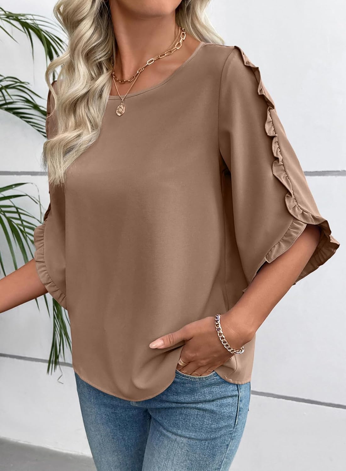 EVALESS 3/4 Length Sleeve Womens Tops Dressy Casual Blouses Crewneck Ruffle Sleeve Shirts Spring Outfits Business Work Tops - Image 3