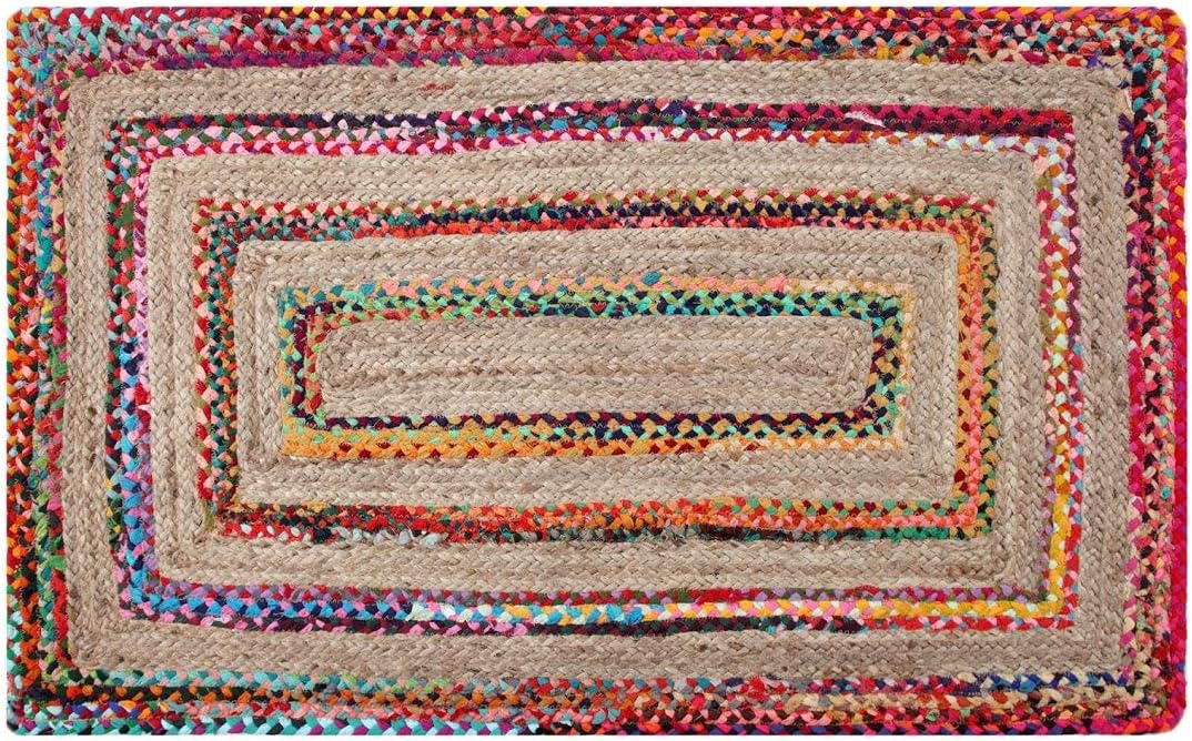 Fiesta Eco Friendly Medium Braided Thick Stripe Rug Flat Weave Style with Natural Jute and Multi Colour Recycled Material 90 cm x 150 cm