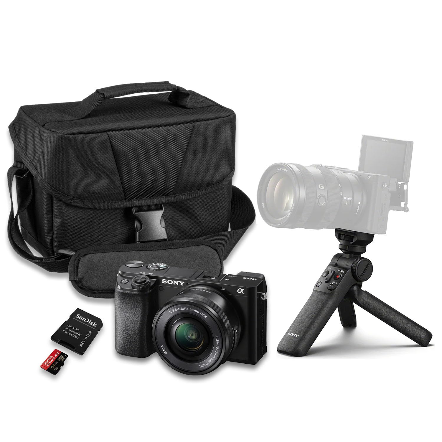 Sony a6100 Mirrorless Camera with Sony E PZ 16-50mm f/3.5-5.6 OSS II Lens + Sony GP-VPT3 Wireless Shooting Grip + SanDisk Extreme Pro 64GB and More (16pc Bundle)