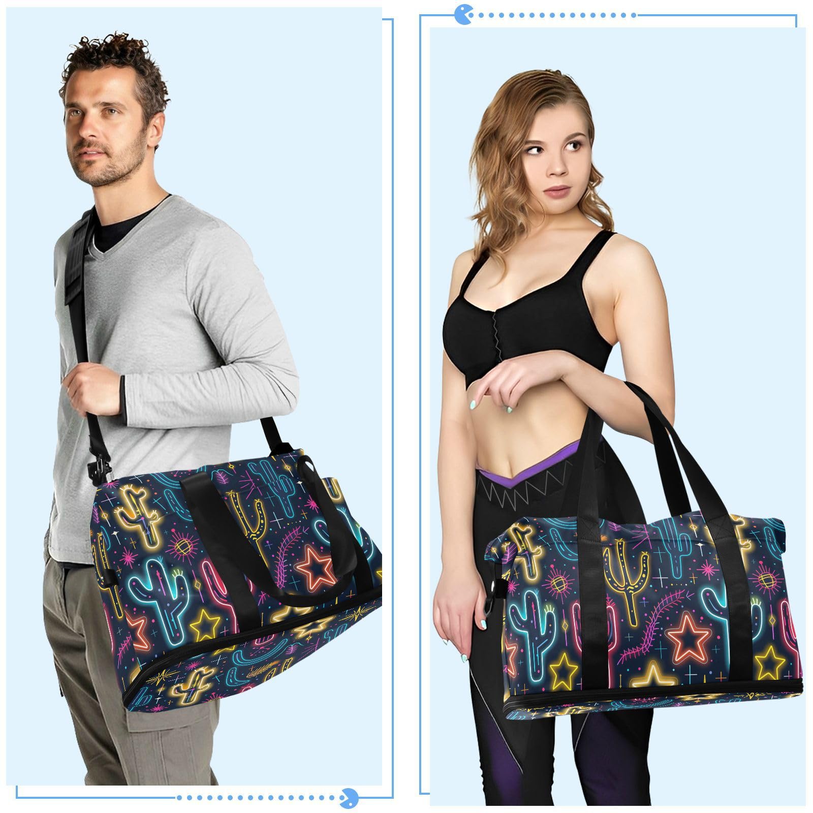 Sac de voyage surdimensionné avec poche humide et sangle réglable pour randonnée, imperméable, motif cactus fluo brillant