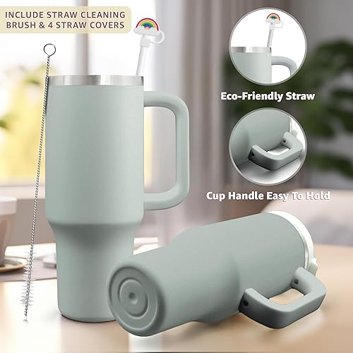 Miniatura 4 de SLURZA Vaso de menta de 40 onzas con asa y cubiertas de pajita, vaso aislado con tapa y juego de 4 adornos para pajilla, taza de viaje