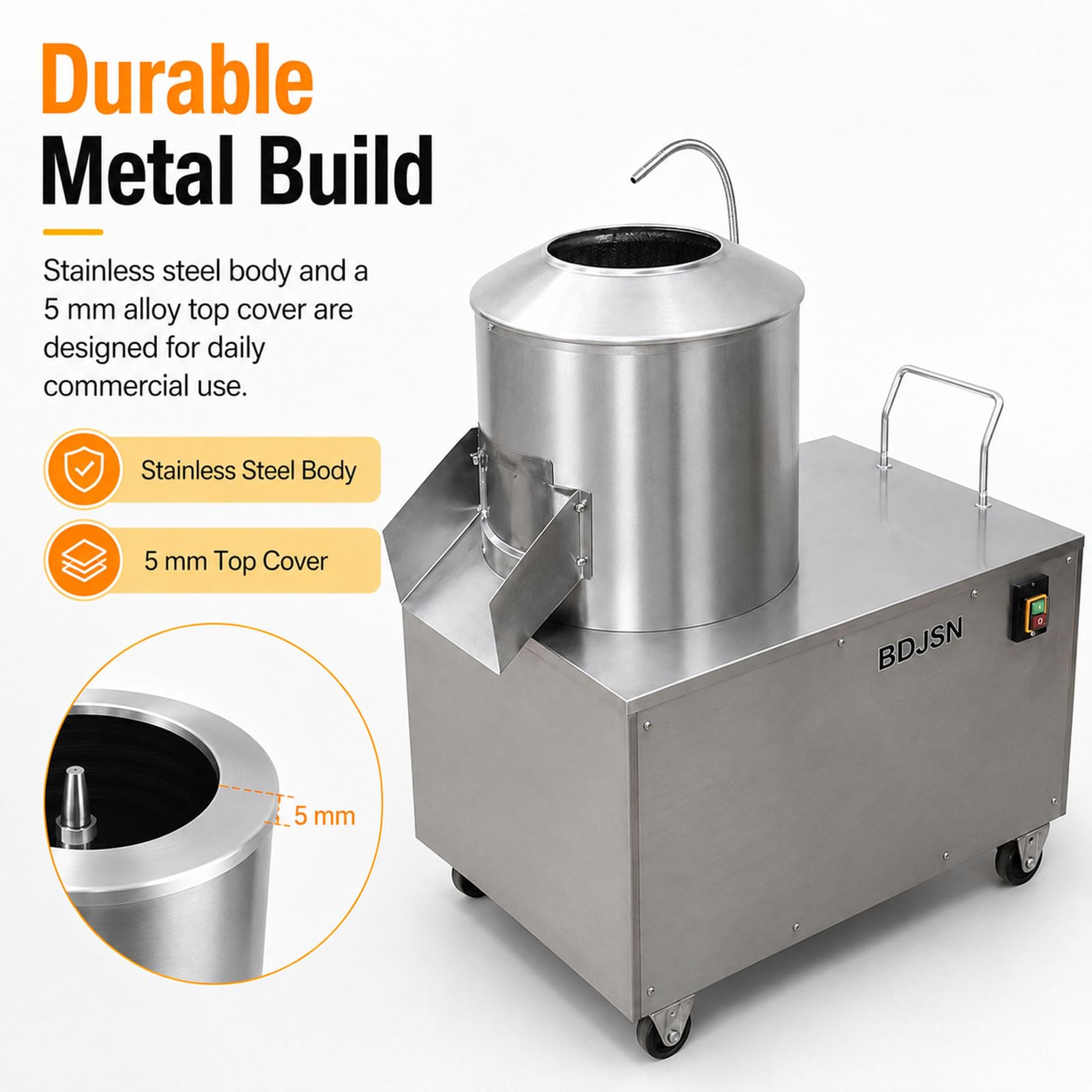 10–15 Kg Peladora De Patatas Profesional Eléctrica 1500w, Máquina Peladora De Verduras De Raíz En Acero Inoxidable, con Manguera De Enjuague, Canal De Descarga Y Ruedas