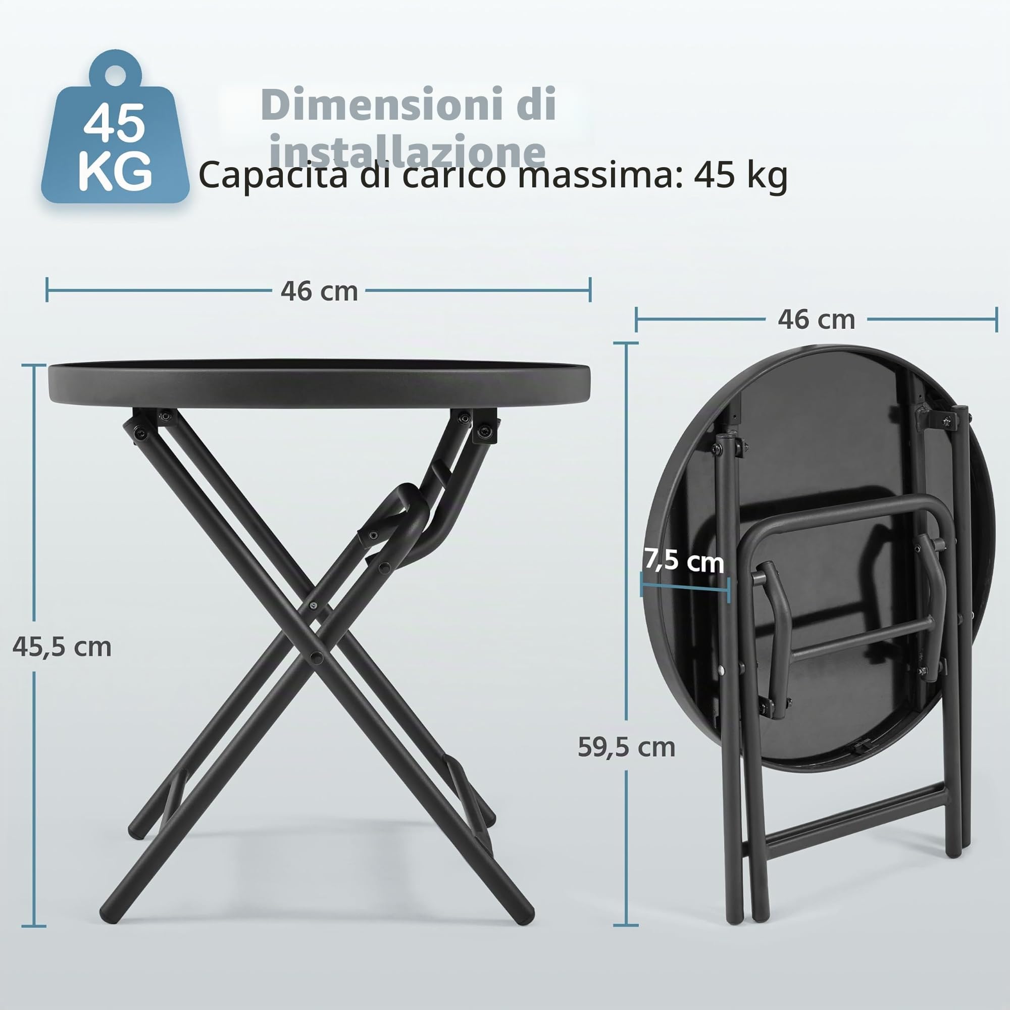 Yaheetech Tavolino Rotondo Pieghevole Dia.46 cm in Vetro e Metallo Resistente alle Intemperie Nero