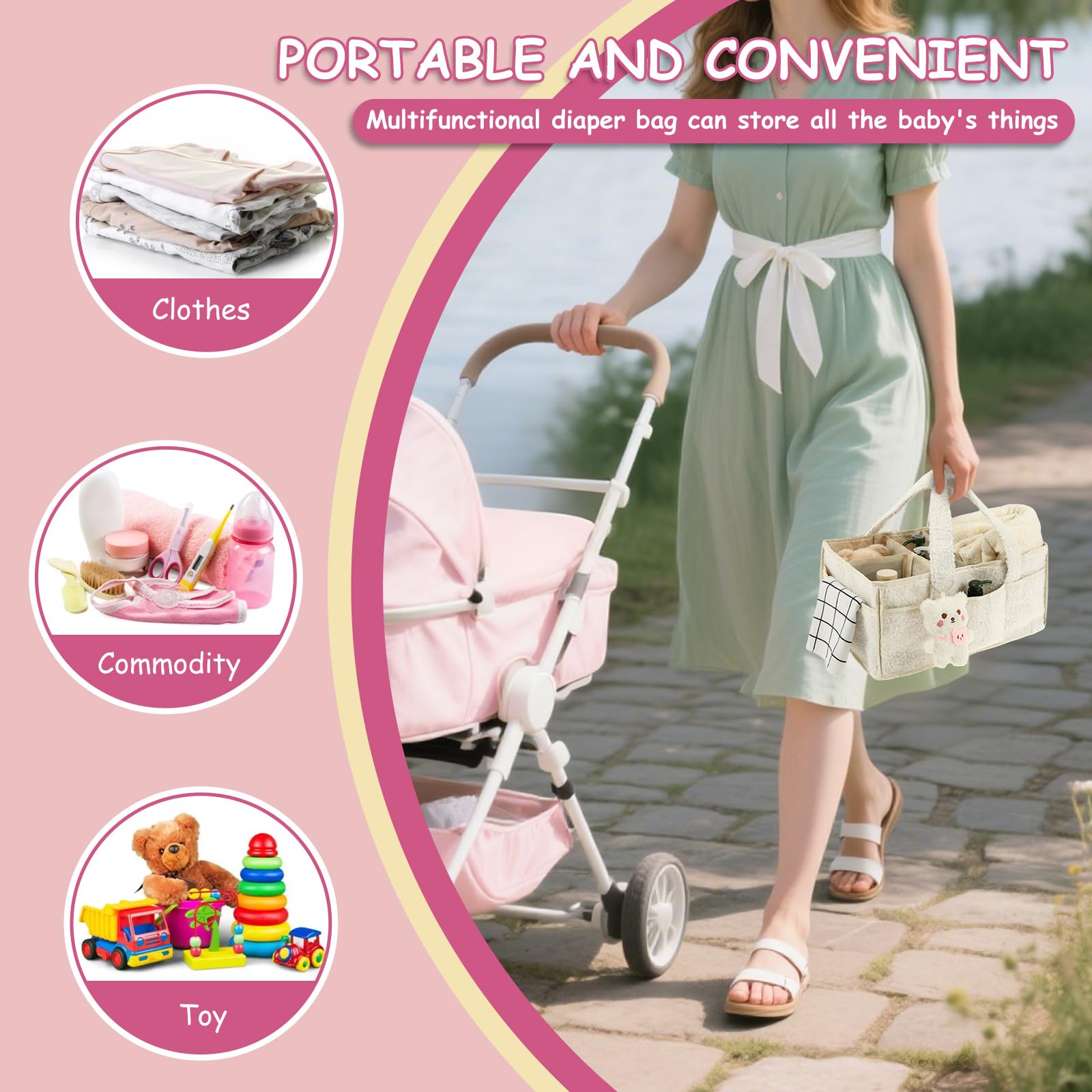 Organisateur de couches pour bébé, portable, avec poignée et pendentif, 38 x 27 x 18,5 cm, panier de rangement élégant pour nouveau-né, grand sac de porte-bébé, blanc