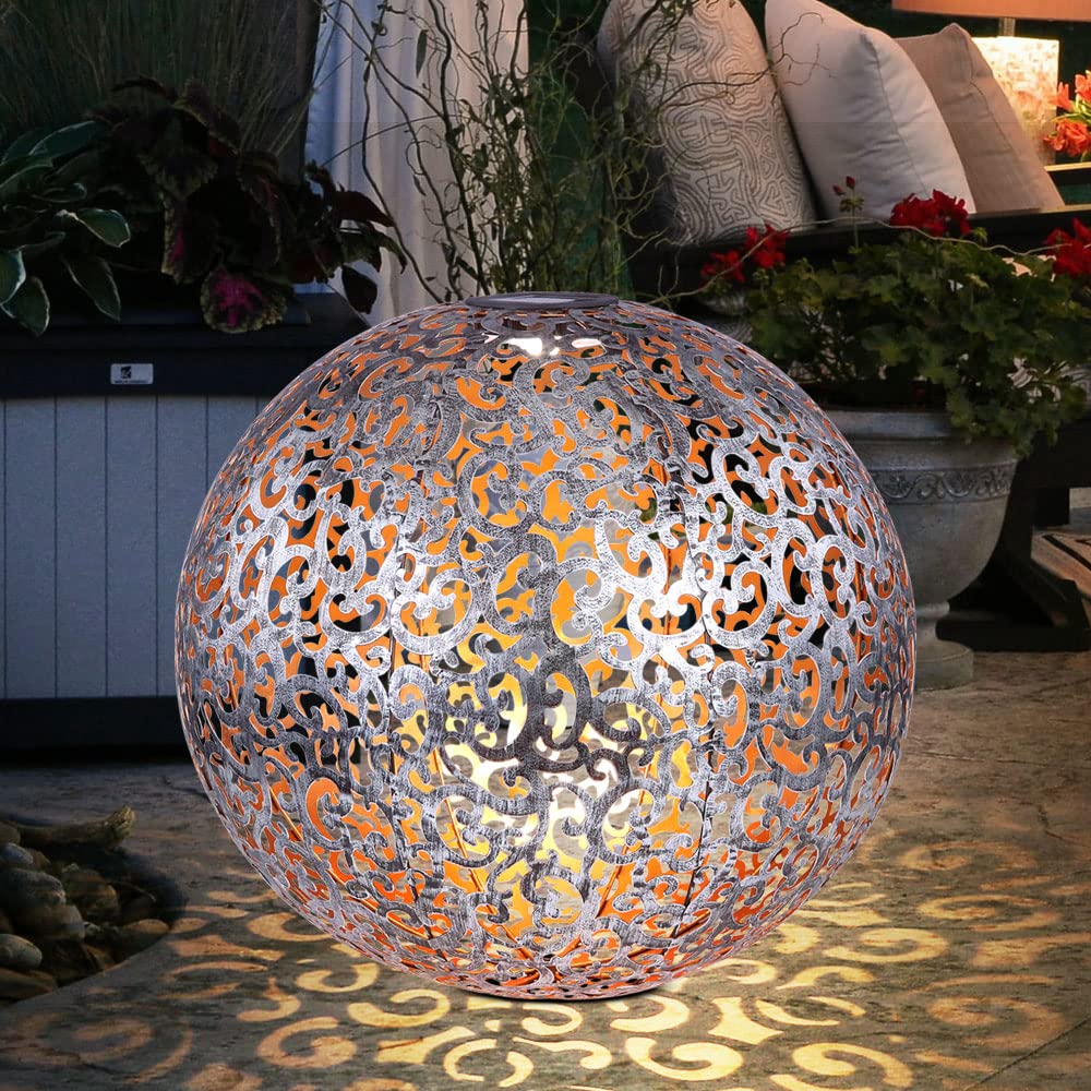 Solarleuchte Windlicht Solar Garten Kugel orientalsichLED Steckleuchte IP44, Erdspitz, Metall Muster antik silbergrau, 1x LED 3000K, DxH 40x50 cm