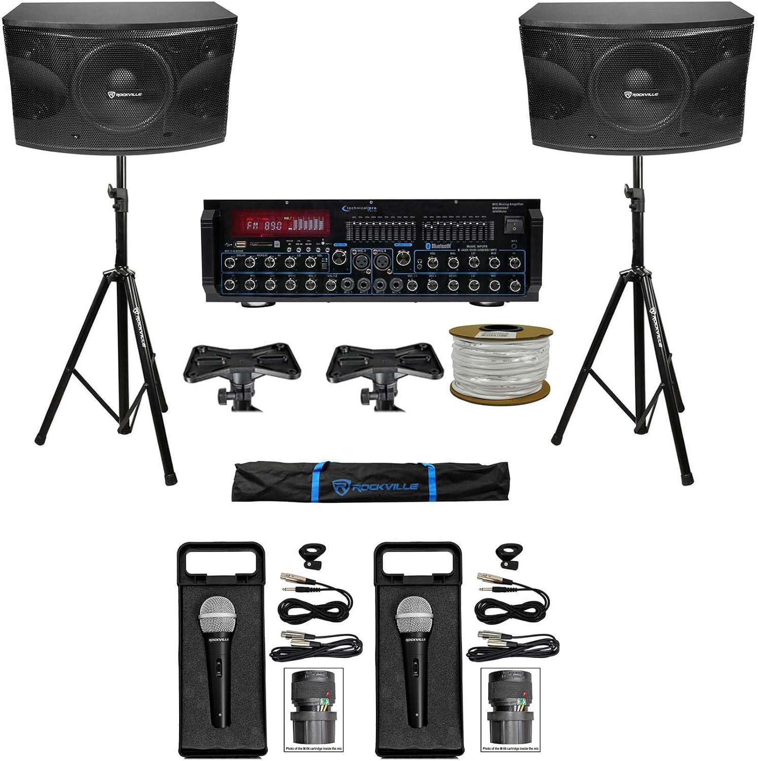 Rockville Karaoke Machine System with Pair 12" Speakers + Bluetooth Mixer Amp + Mics + R14GSBR100 Red/Black 14 Gauge 100' Mini Spool Car Audio Speaker Wire