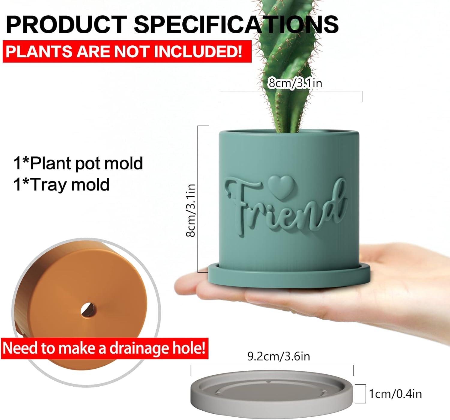 Concrete Planter Mold with Tray DIY Succulent Pots Best Friend Ever Gift Making Tools Homemade Plaster Candle Jar Silicone Mould