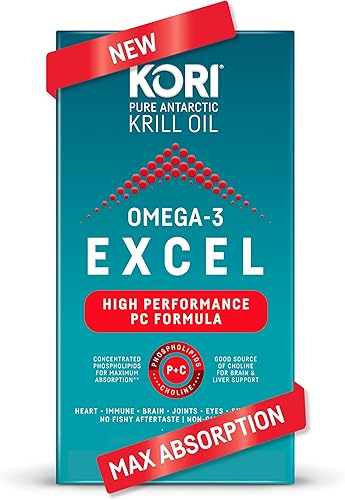 Kori Krill Omega 3 Excel Krill Oil 1000mg Suplementos con EPA y DHA, fórmula de PC de alto rendimiento para máxima absorción, clínicamente probado y