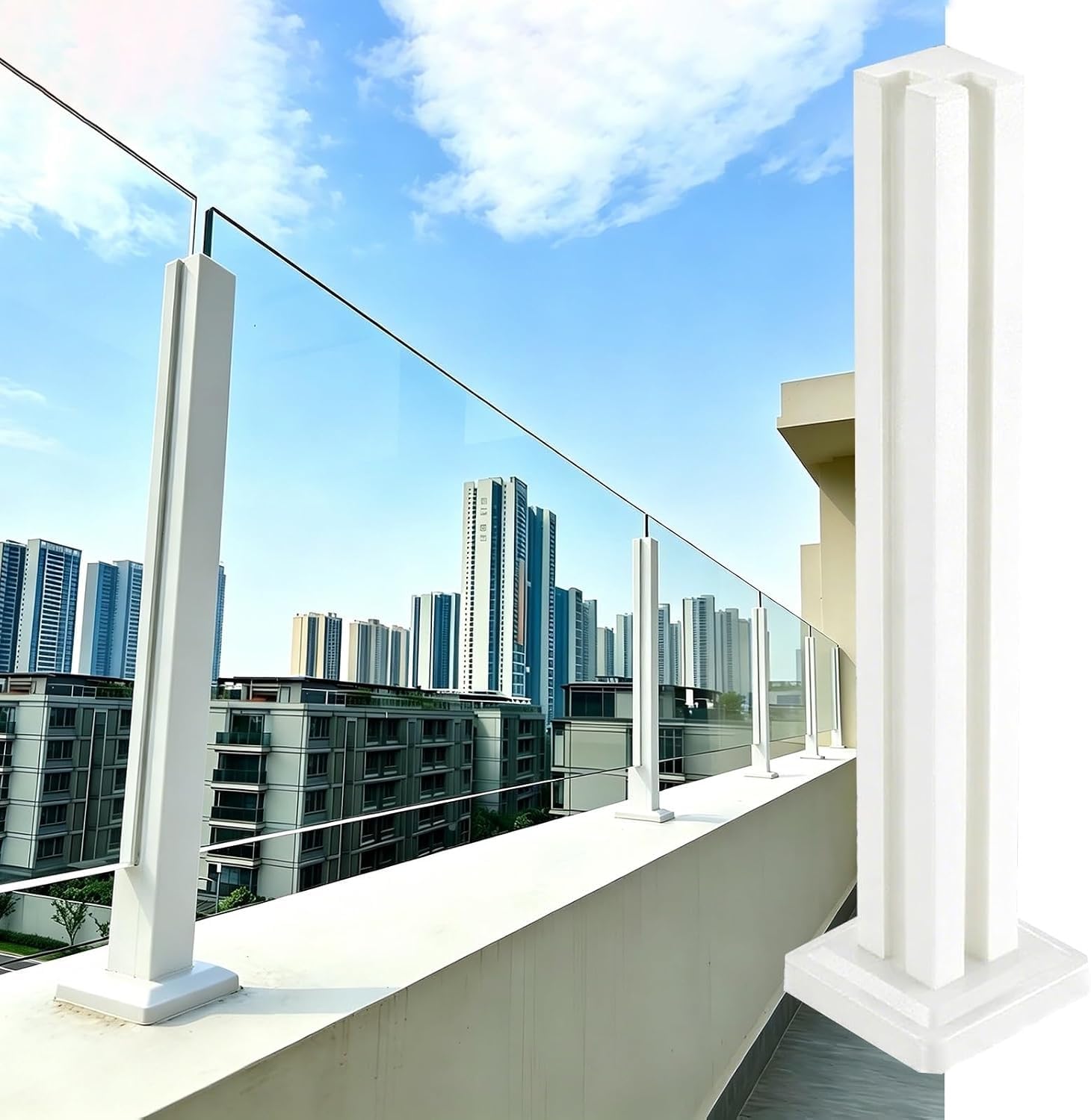 AVLLSO Balusters Handrail White Frameless Glass Railing Support Base, Square Glass Railing Post for Indoor Loft Stairway & Hallway(Corner Post,105cm/41.3 in)