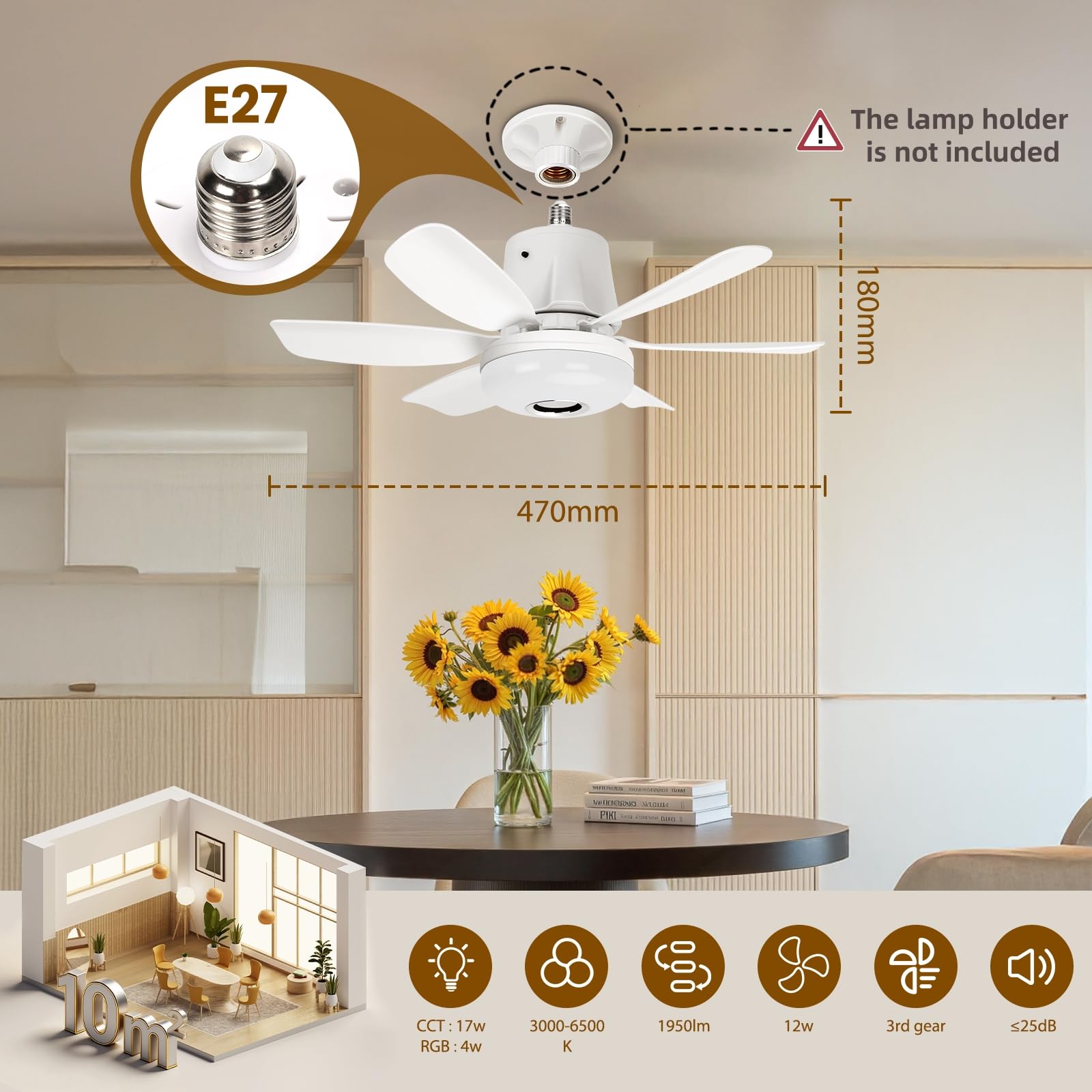 Ventilatore da Soffitto con Luce e Telecomando E27, Con altoparlante, Dimmerabile Plafoniera LED 3000-6500K, Luce ambientale RGB, timer, silenzioso per Camera da Letto, Soggiorno, Cucina