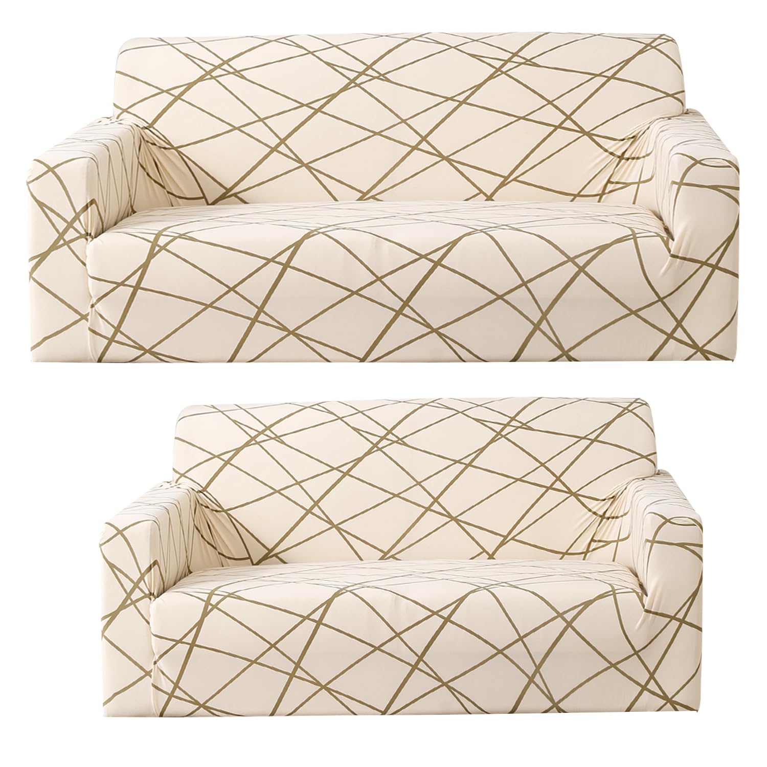 House of Quir Universal 2 Piece Sofa Covers Couch Slipcover Stretch Elastic Sofa Couch Furniture Protector 1 Three Seater + 1 Two Seater Sofa Cover (3+2 Seater, Beige Line)-image-31
