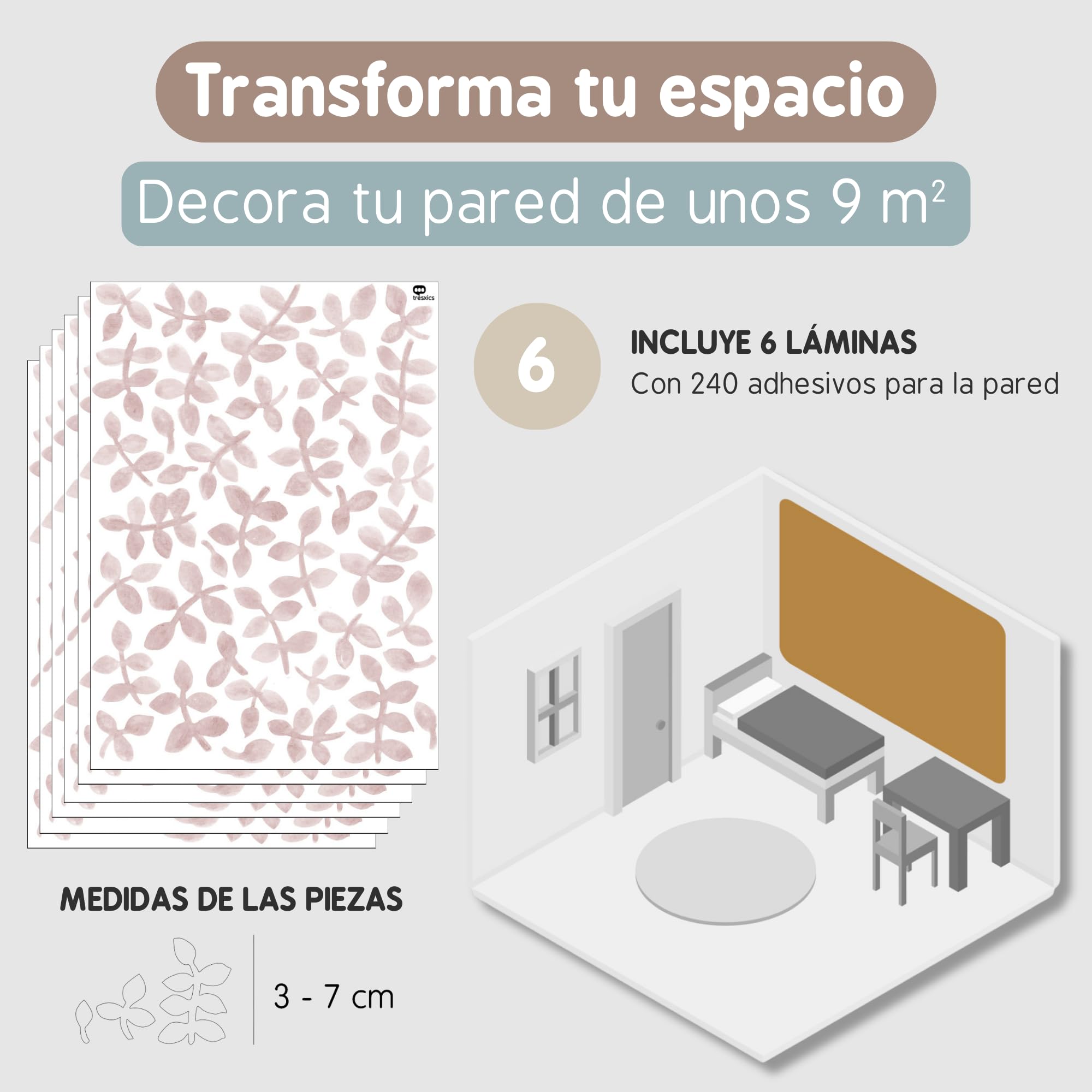 Pegatinas Pared Decorativas Hojas Acuarela | 6 Láminas, 240 Hojas Adhesivas | Vinilo Adhesivo Pared | Efecto Papel Pintado | Cubre 9 m² | TRESXICS (Rosa)