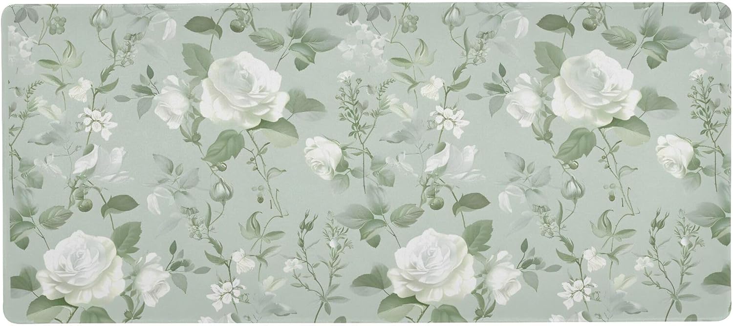 ALAZA White Rose Flower Light Green Large Gaming Mouse Pad Big Mousepad Mice Keyboard Mat with Non-Slip Rubber Base for Computer Laptop Home & Office, 31.5 X 11.8 inch