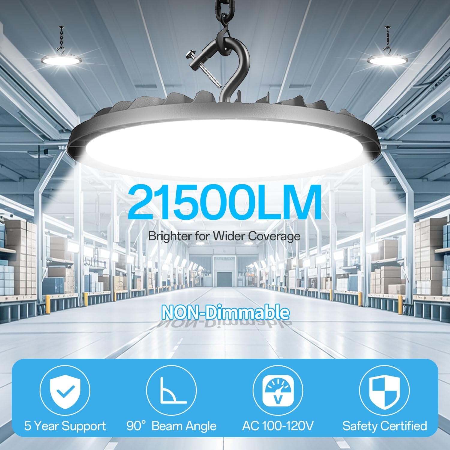 LED High Bay Light 150W with 10FT Cable Plug, 21500LM Brighter 5000K UFO Led Shop Lights with Hook, IP66 Waterproof 120V Commercial Lighting for Warehouse Workshop Barn Garage Gyms Factory, Non-Dim 150W 1PACK