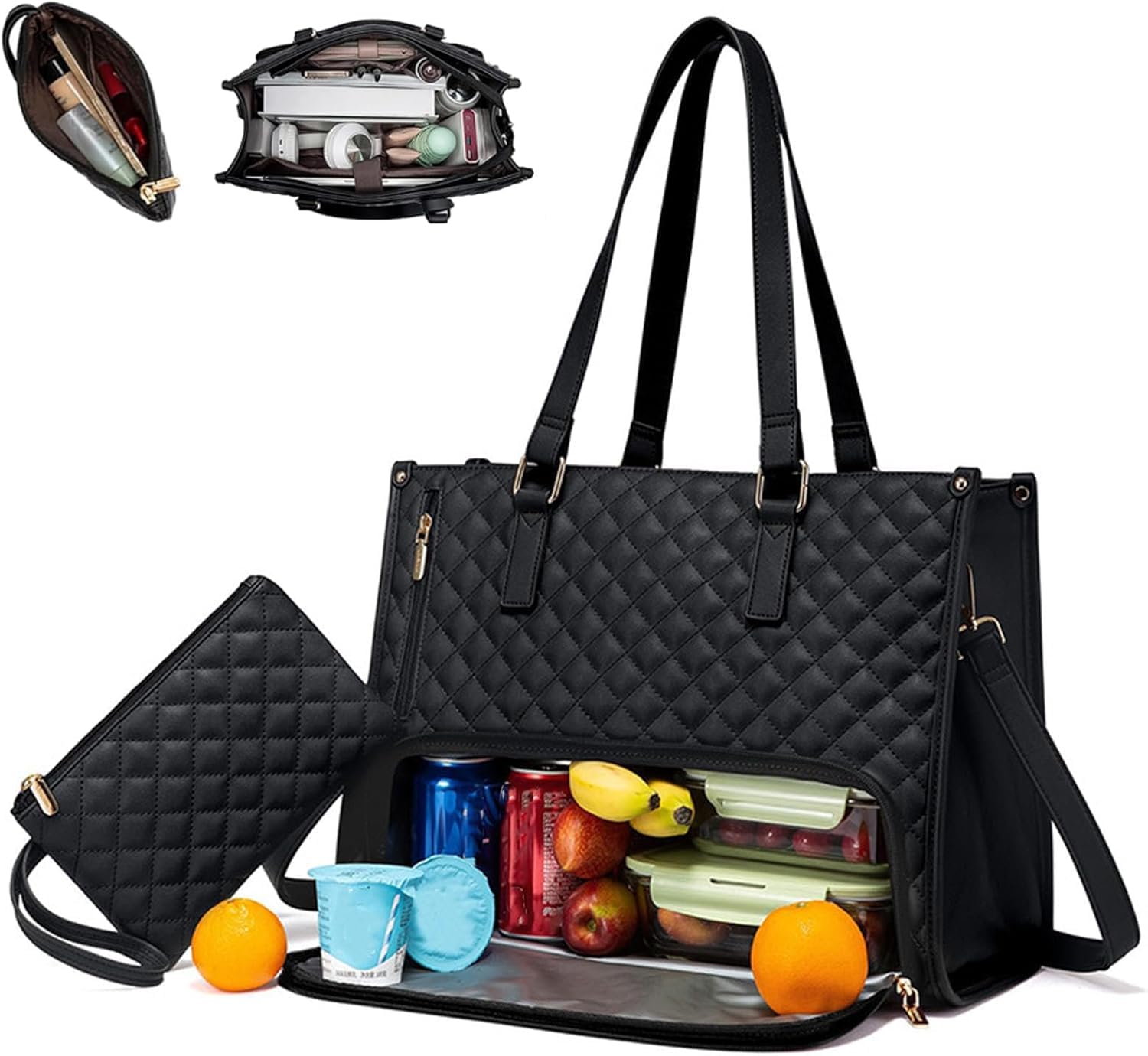 Gresonic Lunch 2 in 1 Tote Bag for Women, 15.6 Inch Laptop Bag with Insulated Lunch Compartment, Quilted Large Capacity Computer Handbag with Purse (Black)
