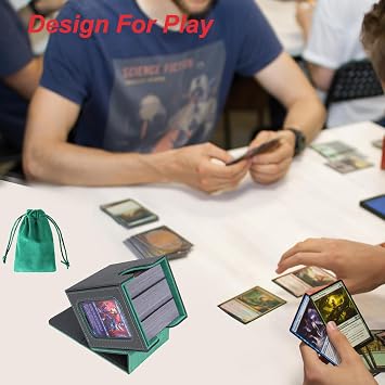 AFIING MTG Deck Box for Commander Display,Card Deck case Fits 100 Double Sleeved Cards,Magic Commander TCG Card Storage Box with 2 Dividers,Dice Bag and Toploader Black Green
