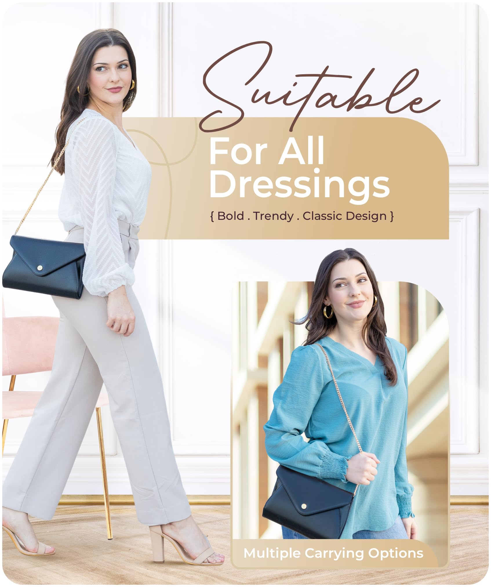 Claasico Evening Clutch Purses For Women - Elegant Envelope Clutch RFID Bag with Detachable Chain(Noir Luxe (Black))