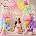 Pop The Party Ice Cream Theme Birthday Decoration Foil Balloon Set of 5 Pcs with Pink Star & Happy Birthday Round Foil Balloons for Girls & Boys Birthday Party Decor gallery image
