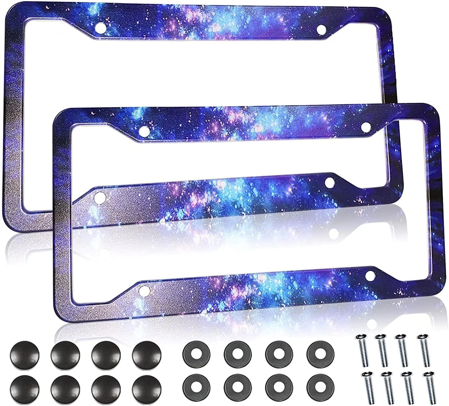 Galaxy License Plate Frame - 2 Pcs Set Quality Aluminum Metal Blue Purple Starry Sky Night Car Tag Holders 4 Holes for US Canadian Car (12.3" x 6.3")