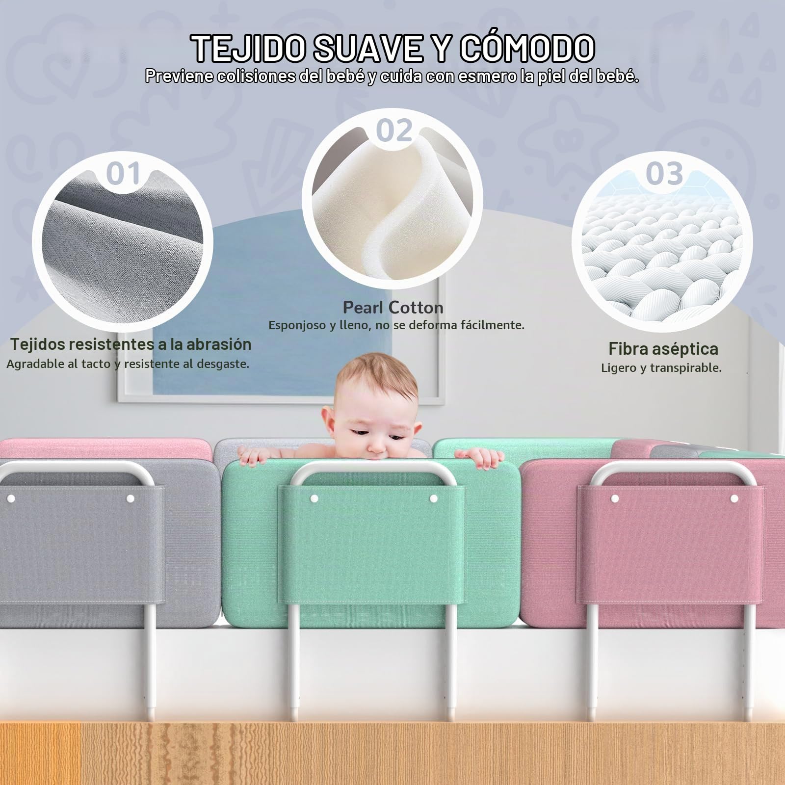 Barrera de Seguridad para niños – Barrera de Cama para niños con protección de Bordes, Seguridad para Cama Infantil, Altura Ajustable 40-60 cm, Desmontable, portátil, Gris, 50cm