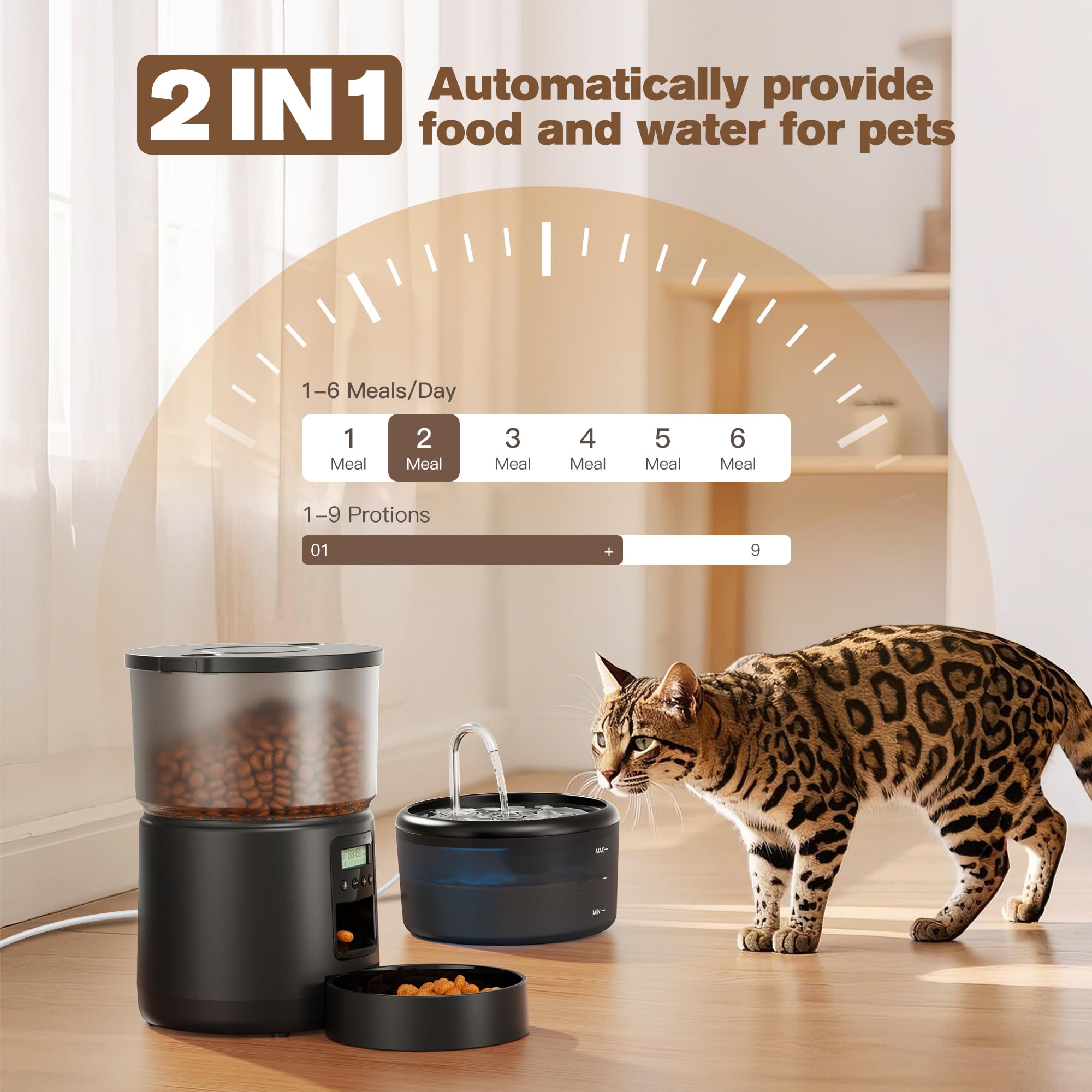 Distributore Automatico Cibo Gatti e Fontanella: Dispenser Cibo Gatto e Fontanella per Gatti - Mangiatoia Cani Timer Programmabile 1-6 Pasti - 3L Dosatore Crocchette e 2.4L Fontana Acqua Gatto 2 in 1