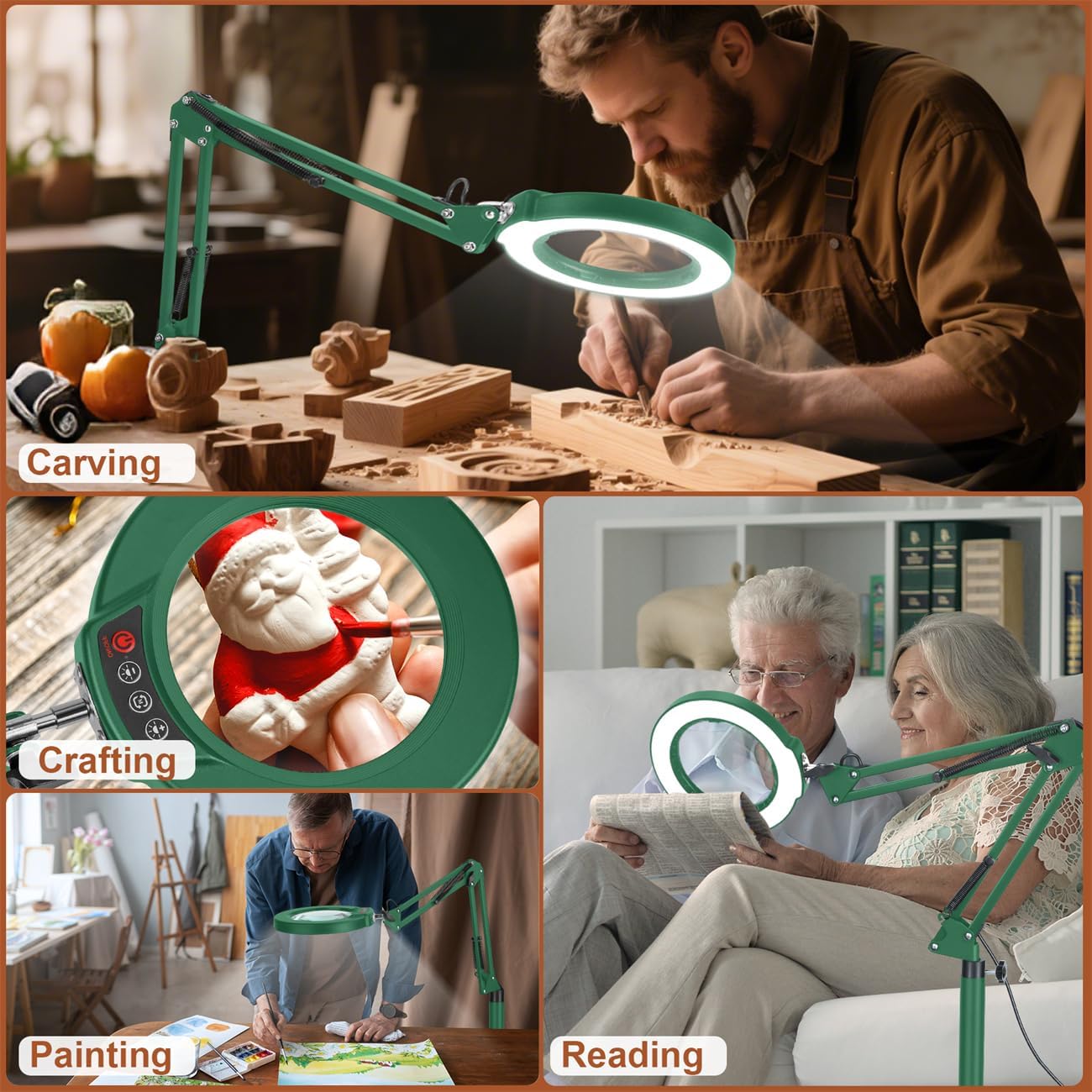 LANCOSC 15X Magnifying Glass with Light and Stand, 3-in-1 Adjustable Swing Floor Lamp, 5 Color Modes Stepless Dimmable, LED Lighted Hands Free Magnifier & Clamp for Reading, Crafts, Painting - Green