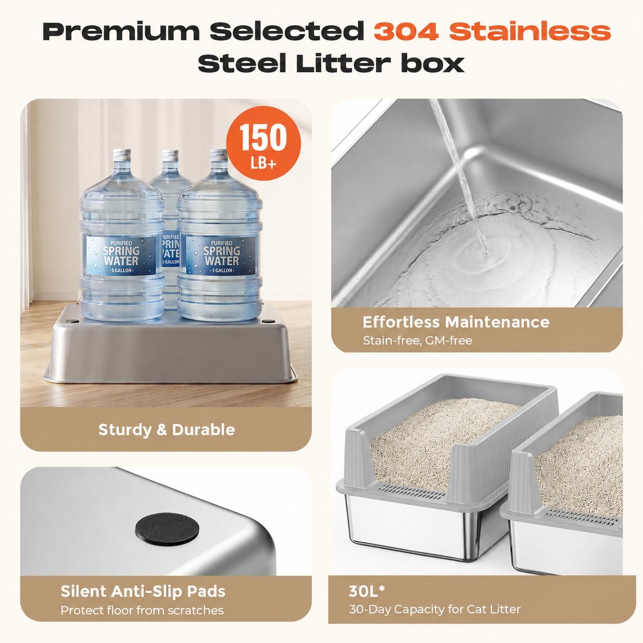 Suitfeel XL Stainless Steel Cat Litter Box with Lid,2 Pack,Light Gray image 4