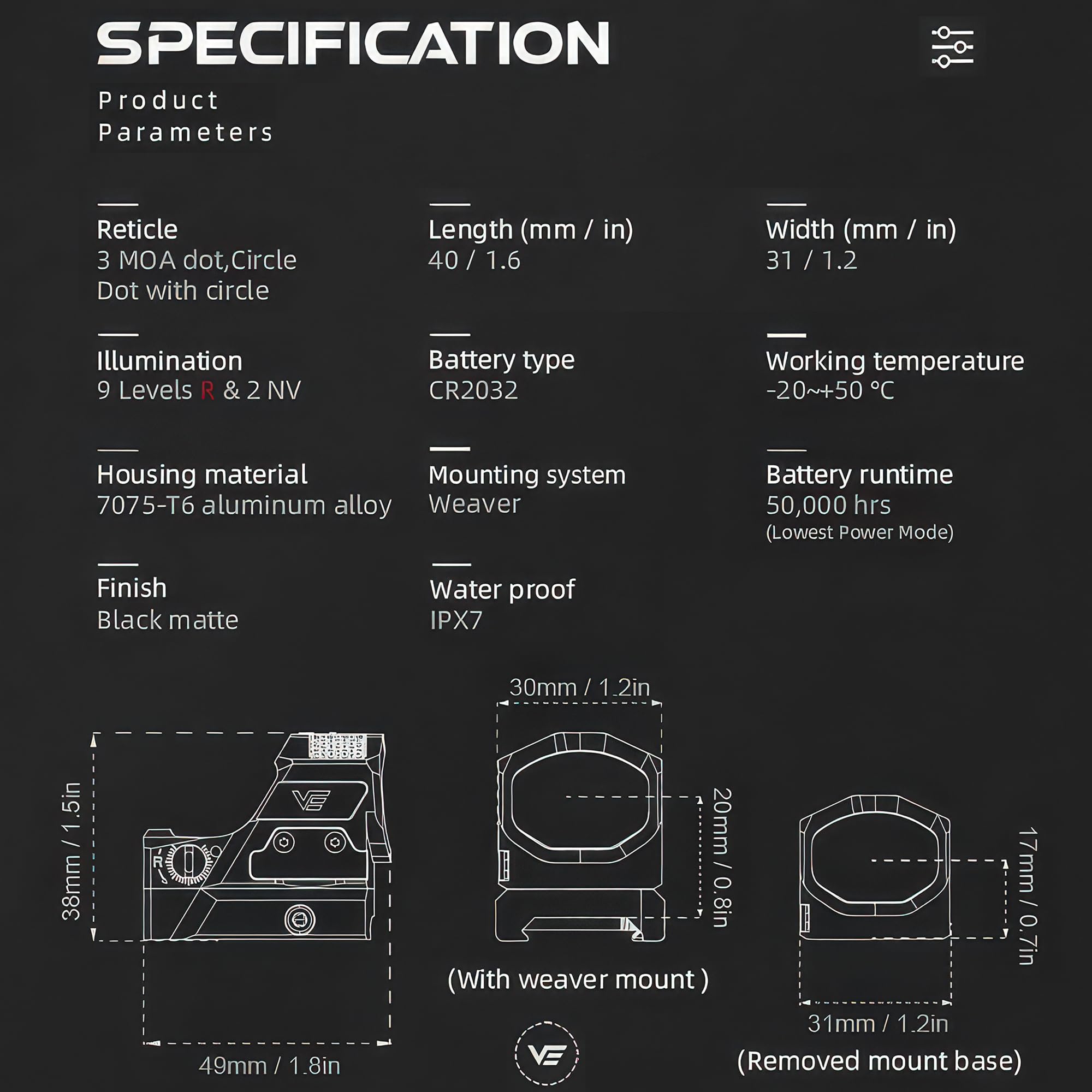 Vector Optics Viseur Point Rouge Frenzy-X 1x19x26 Mrs Genii Visée Red Dot Picatinny Solaire Multi-Réticule SCRD-SM64