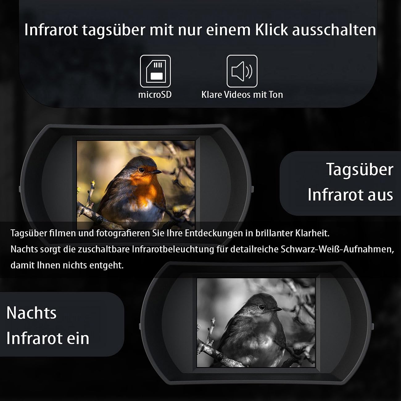 Zavarius Nachtsichtkamera Binokulares Akku-Nachtsichtgerät QHD 500 m IR-Nachtsicht