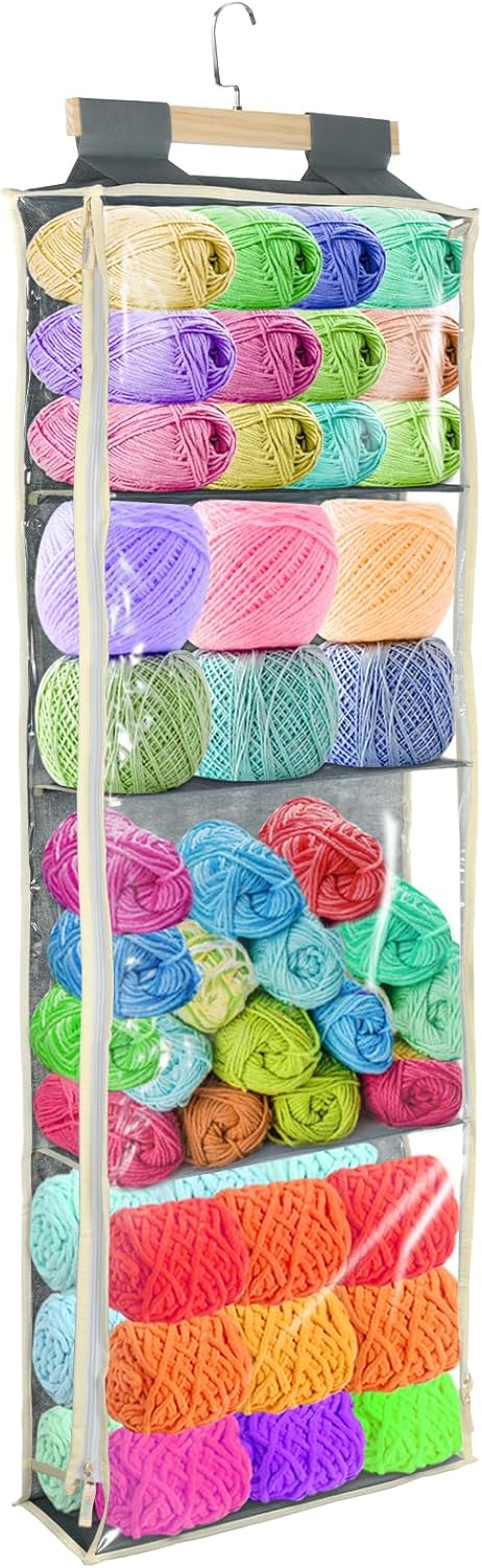 Hlimior Clear Hanging Yarn Storage with 4 Large Pockets, Clear Knitting Organizer Storage with Zippers for Crochet Lovers, Hanging Yarn Holder with Over-Door Hooks for Knitting Needles Crochet Hooks