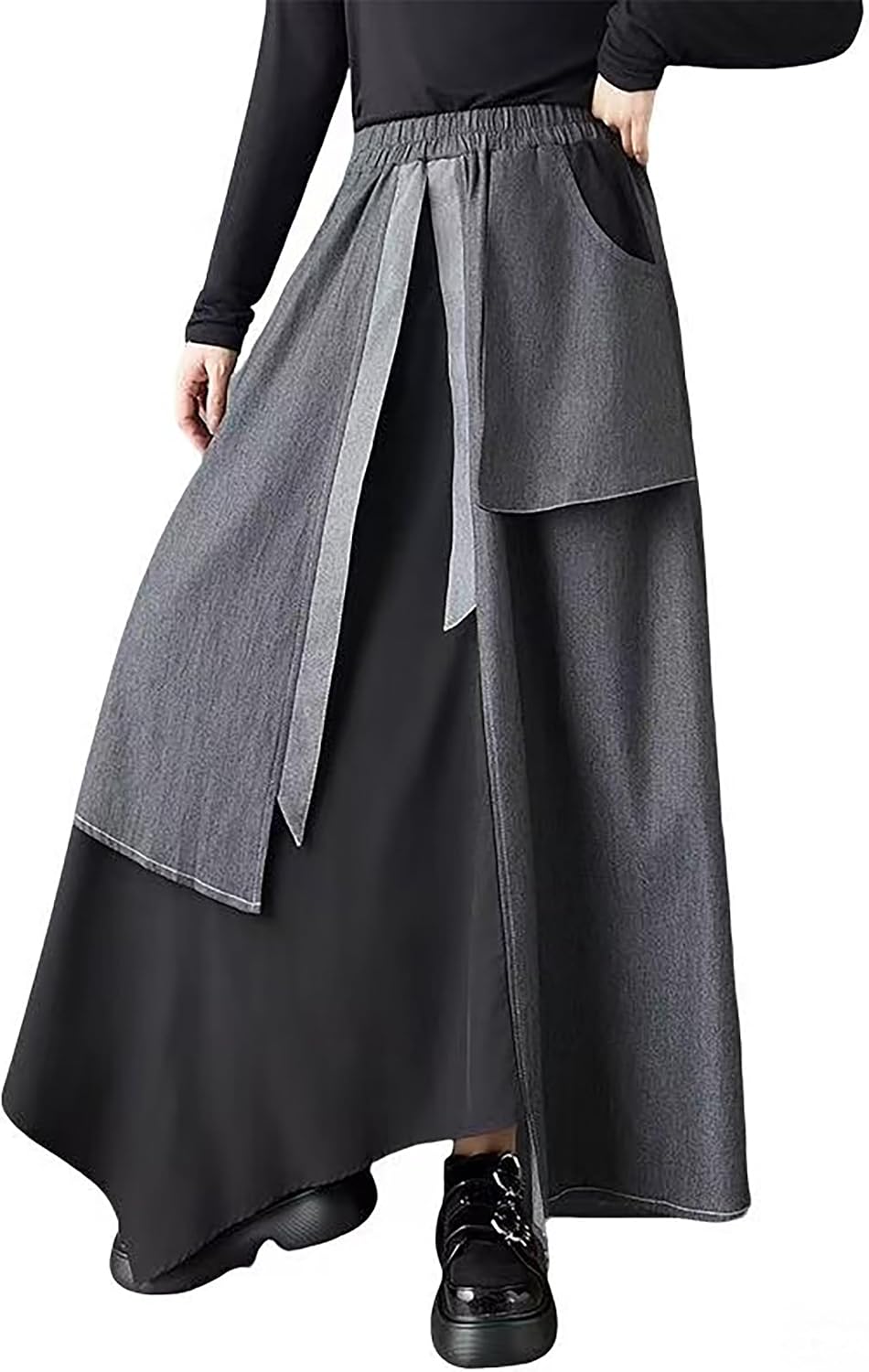 ellazhu Women's Patchwork Maxi Skirt Gray Asymmetrical High Waist Elastic Waist A Line Irregular Hem Casual Skirt GZ828 A