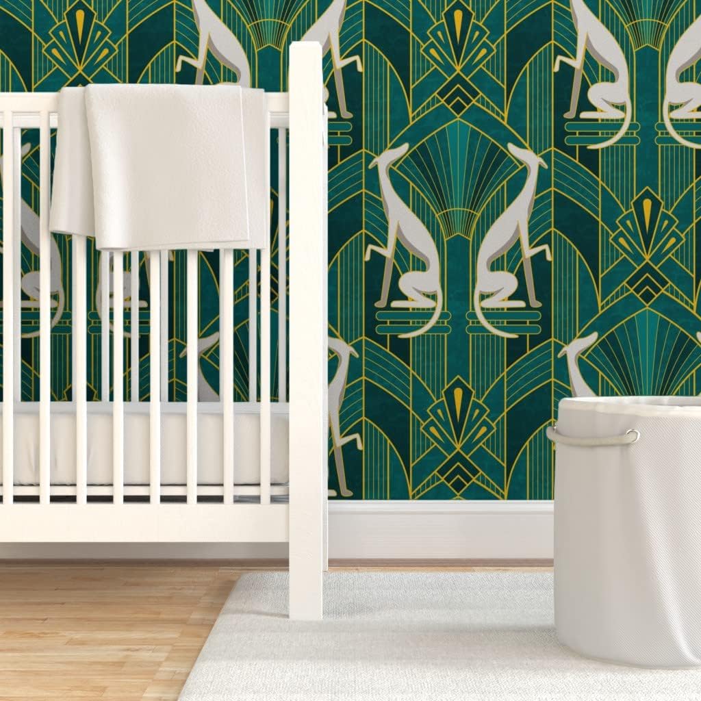 Spoonflower Removable Wallpaper 3ft x 2ft - Art Deco Greyhounds Teal Gold Gray Dogs Whippet Sighthound Custom Pre-Pasted Wallpaper