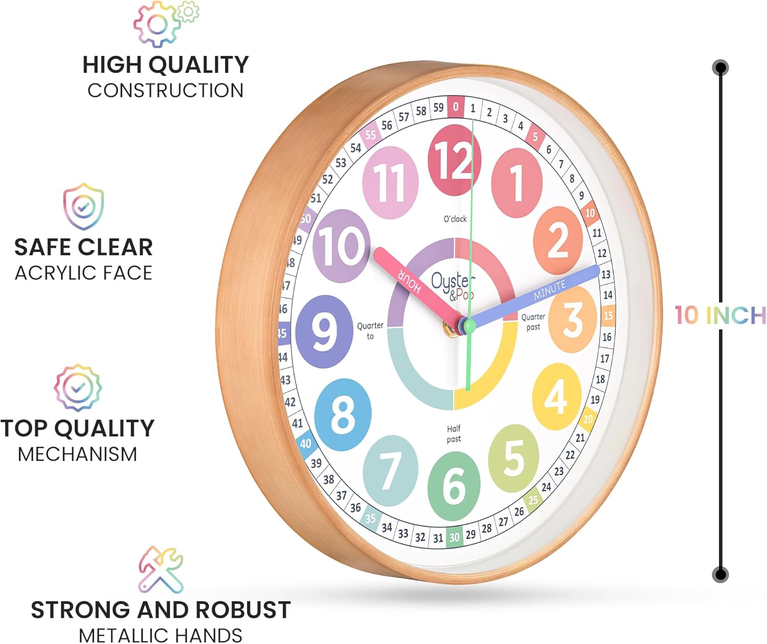 Oyster&Pop Kids Wall Clock & 180pcs Magnetic Fraction Tiles Set - Engaging Educational Bundle for Teaching Time & Fractions - Perfect for Classrooms & Home Learning