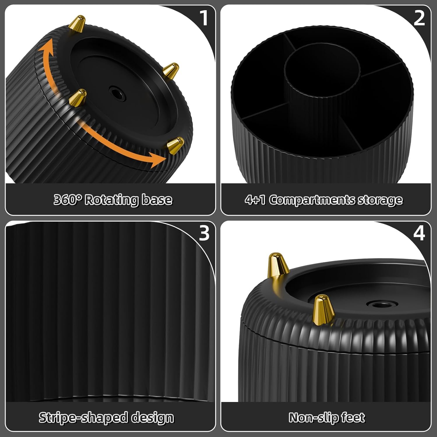 Pencil Pen Holder for Desk, 5 Slots 360Degree Rotating Pencil Pen Organizers for Desk, Desktop Storage Stationery Supplies Organizer, Cute Pencil Cup Pot for Office, School, Home, Art Supply (Black) - Image 2