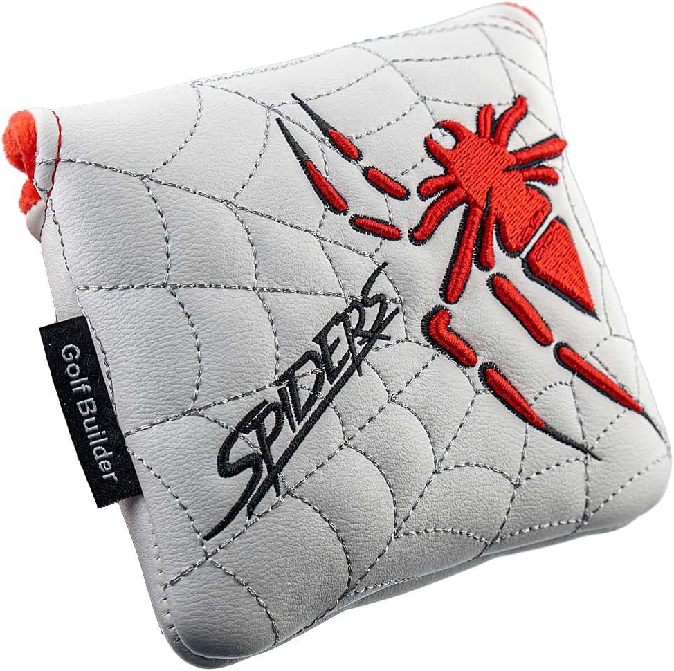 GOOACTION Spider Mallet Putter Head Cover – 3D Embroidery Spider Pattern, Premium White PU Leather, 360° Protection, Strong Magnetic Closure, Fits Most Mallet Putters