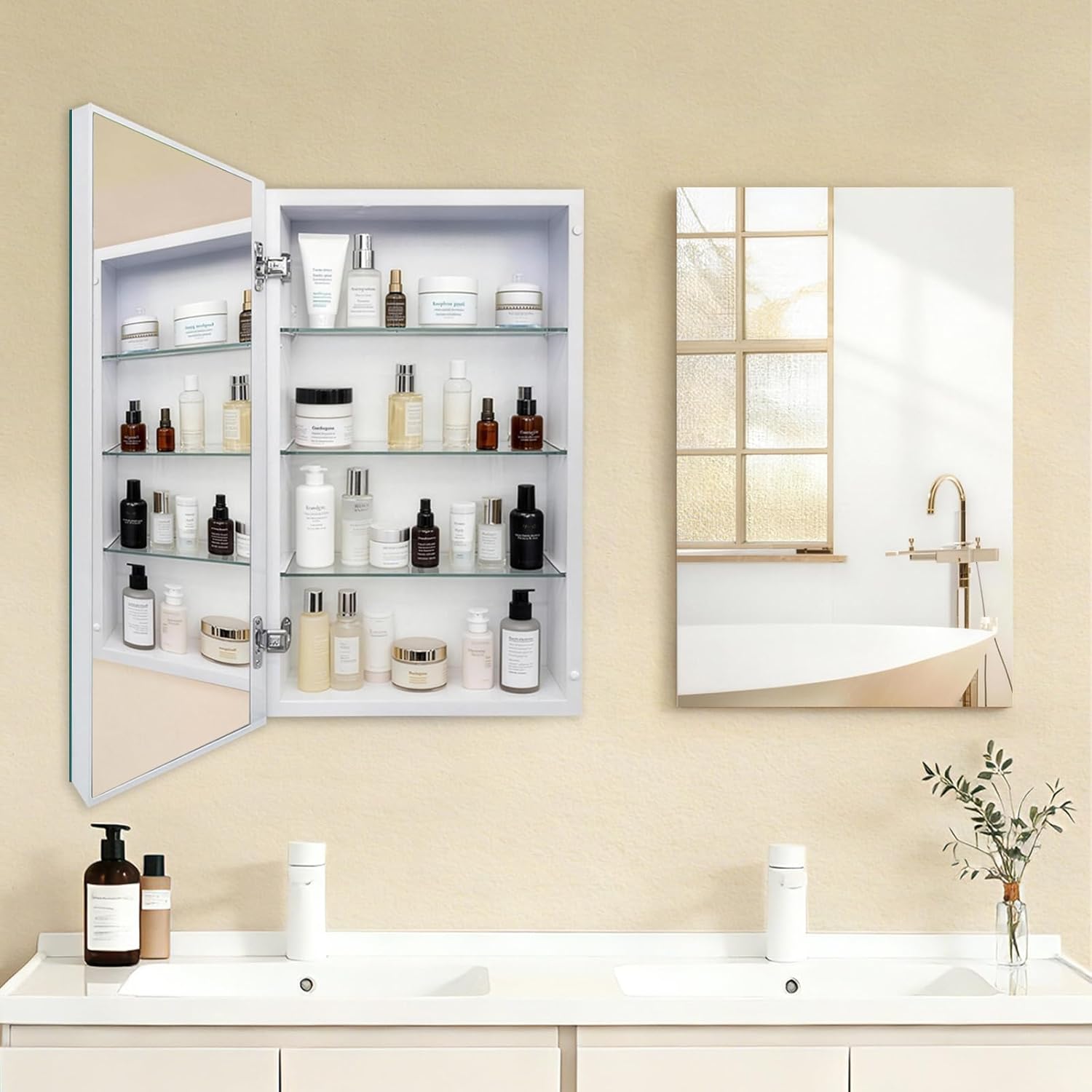 16x26 Bathroom Mirror with Storage,Recessed & Surface Mount Medicine Cabinet, Frameless Bathroom Cabinet with Mirror, Wall Mounted Mirror Cabinet for Bathroom, Modern Sleek Design