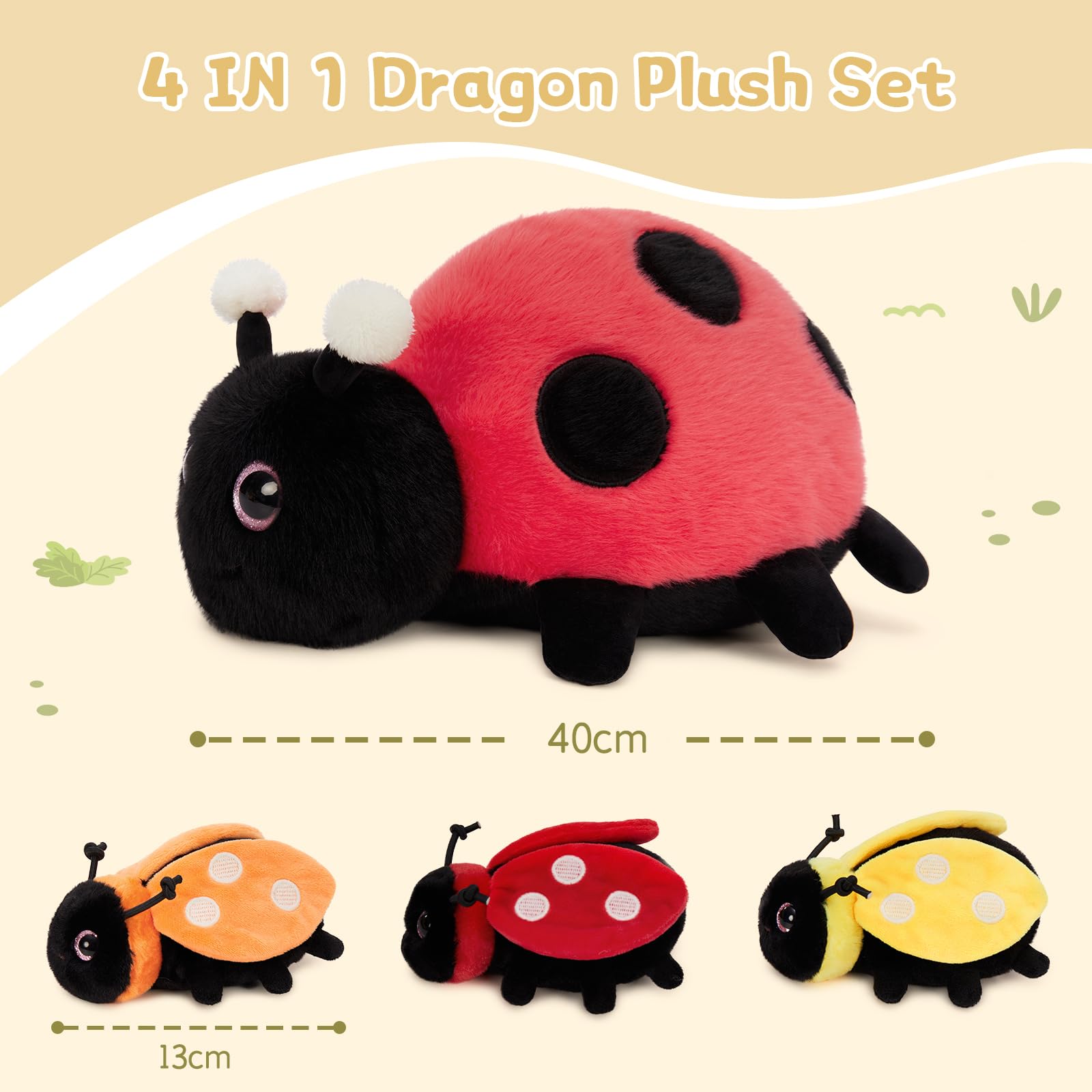 MorisMos 4 stücke Marienkäfer Plüschtier Set, 40cm groß Marienkäfer Kuscheltier XXL mit 3 Babys im Bauch, Ladybird Ladybug in der Nacht leuchten Geburtstag Weihnachten Geschenk für Jungen Kinder - 3