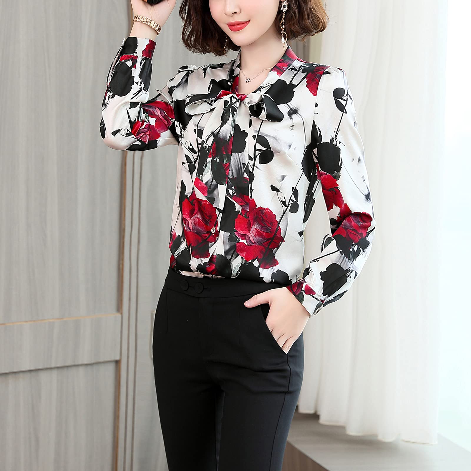 E-girl Blusa de seda para mujer con estampado de botones camisas blusa de manga larga corbata blusa de seda S1912-1